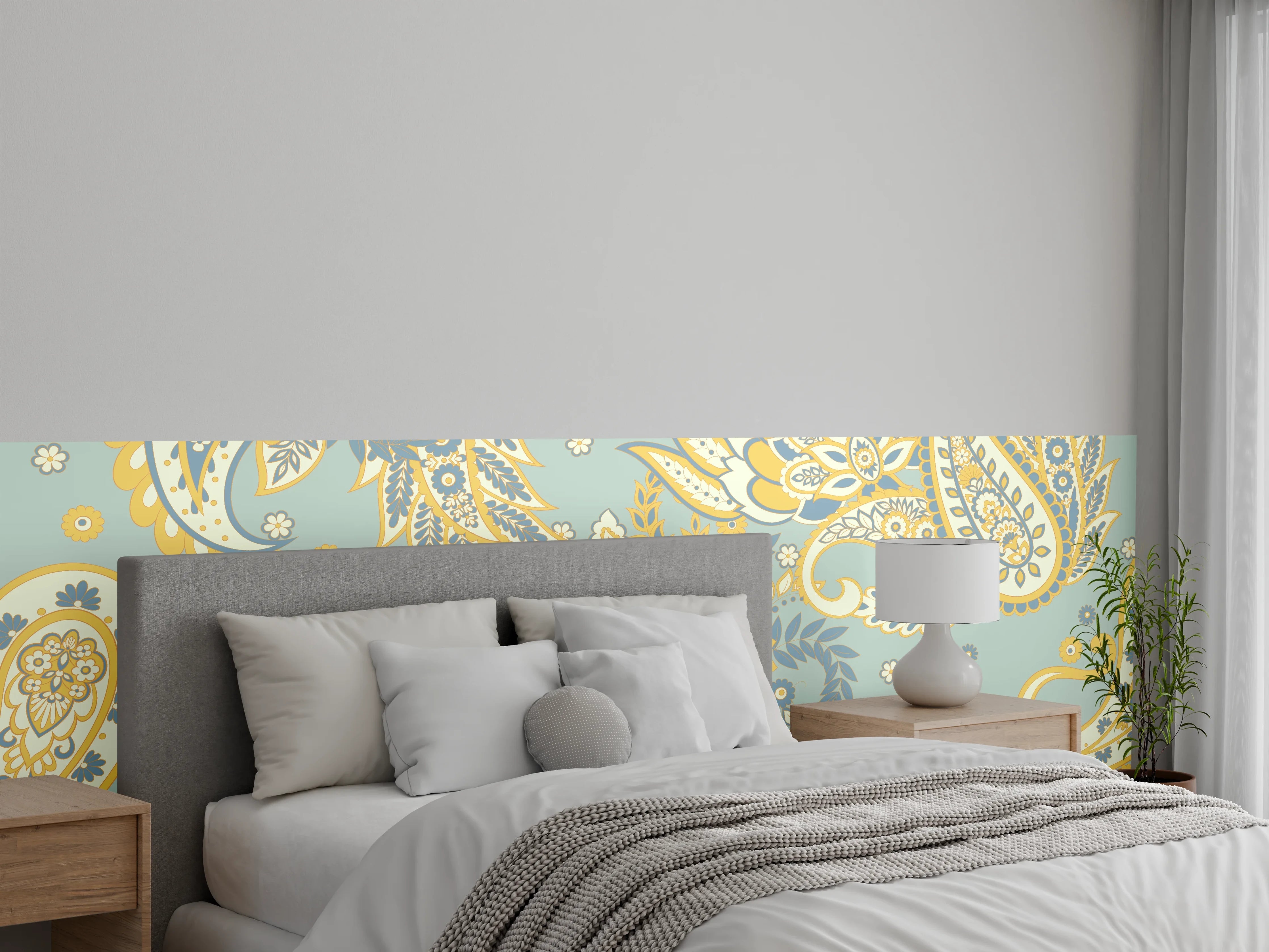 Wandverkleidung Schlafzimmer - Retro Paisley Muster Türkis Gelb Grau