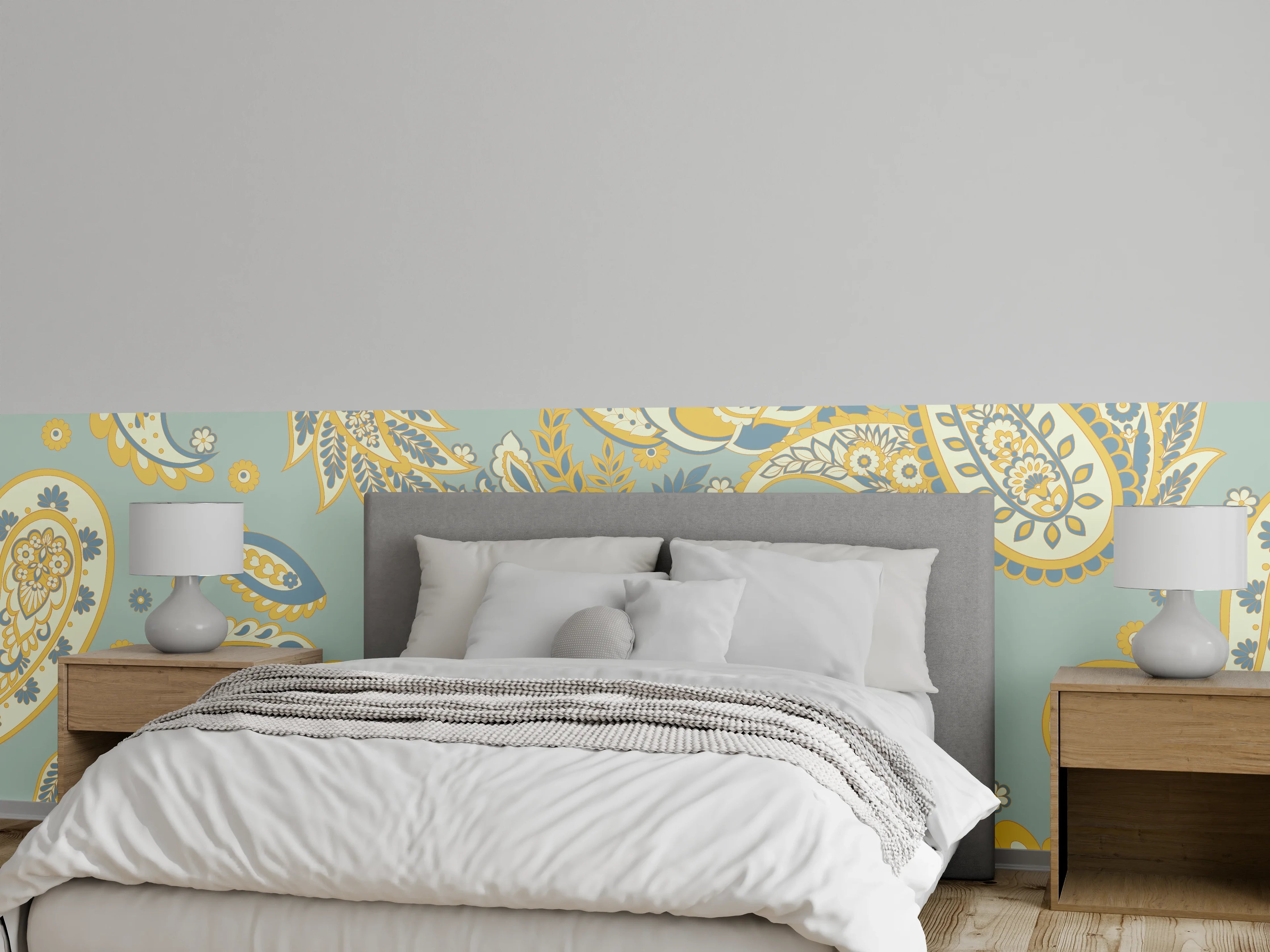 Wandverkleidung Schlafzimmer - Retro Paisley Muster Türkis Gelb Grau