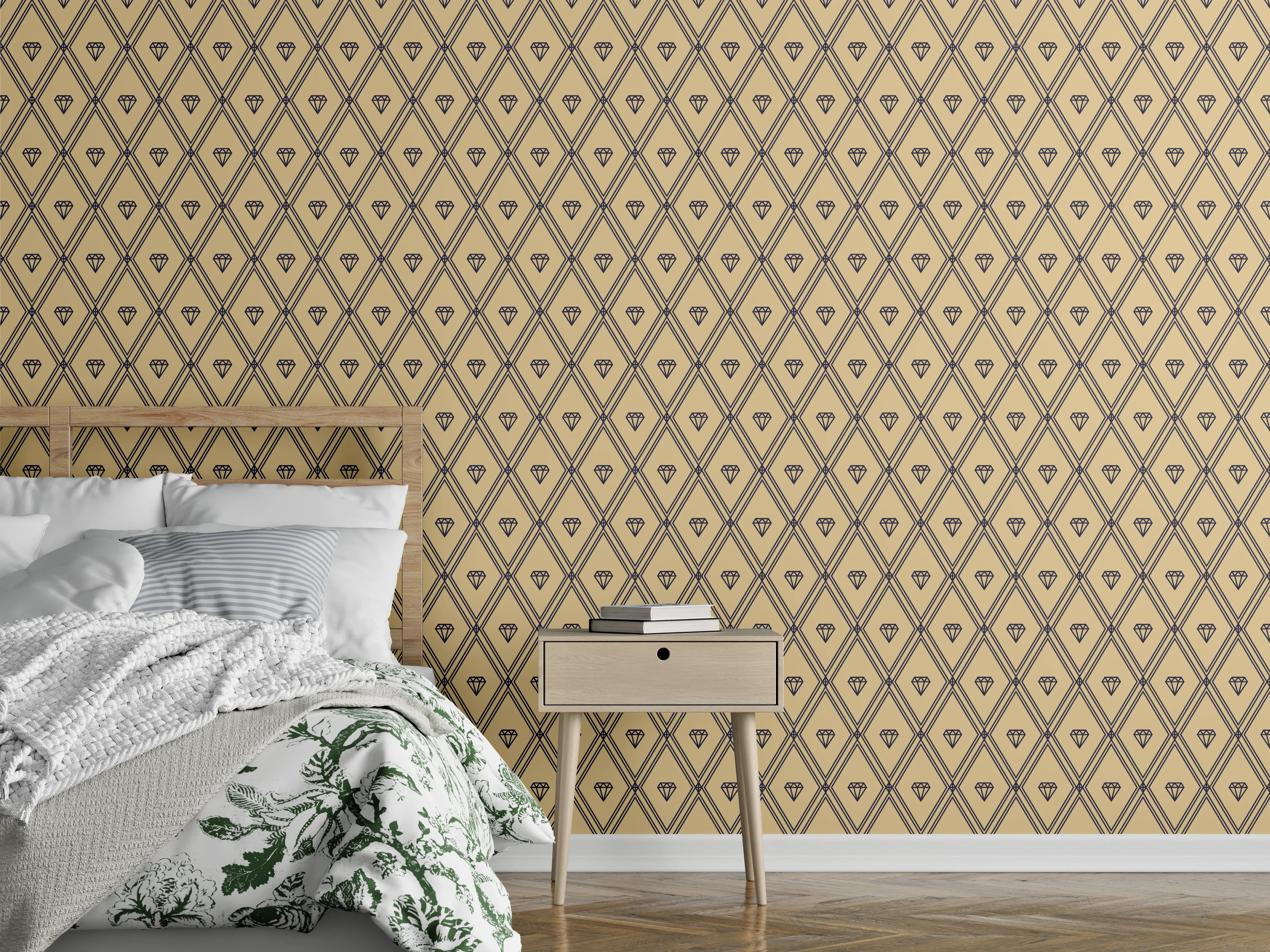 Wandverkleidung Schlafzimmer - Retro Rautenmuster Beige Vintage Look