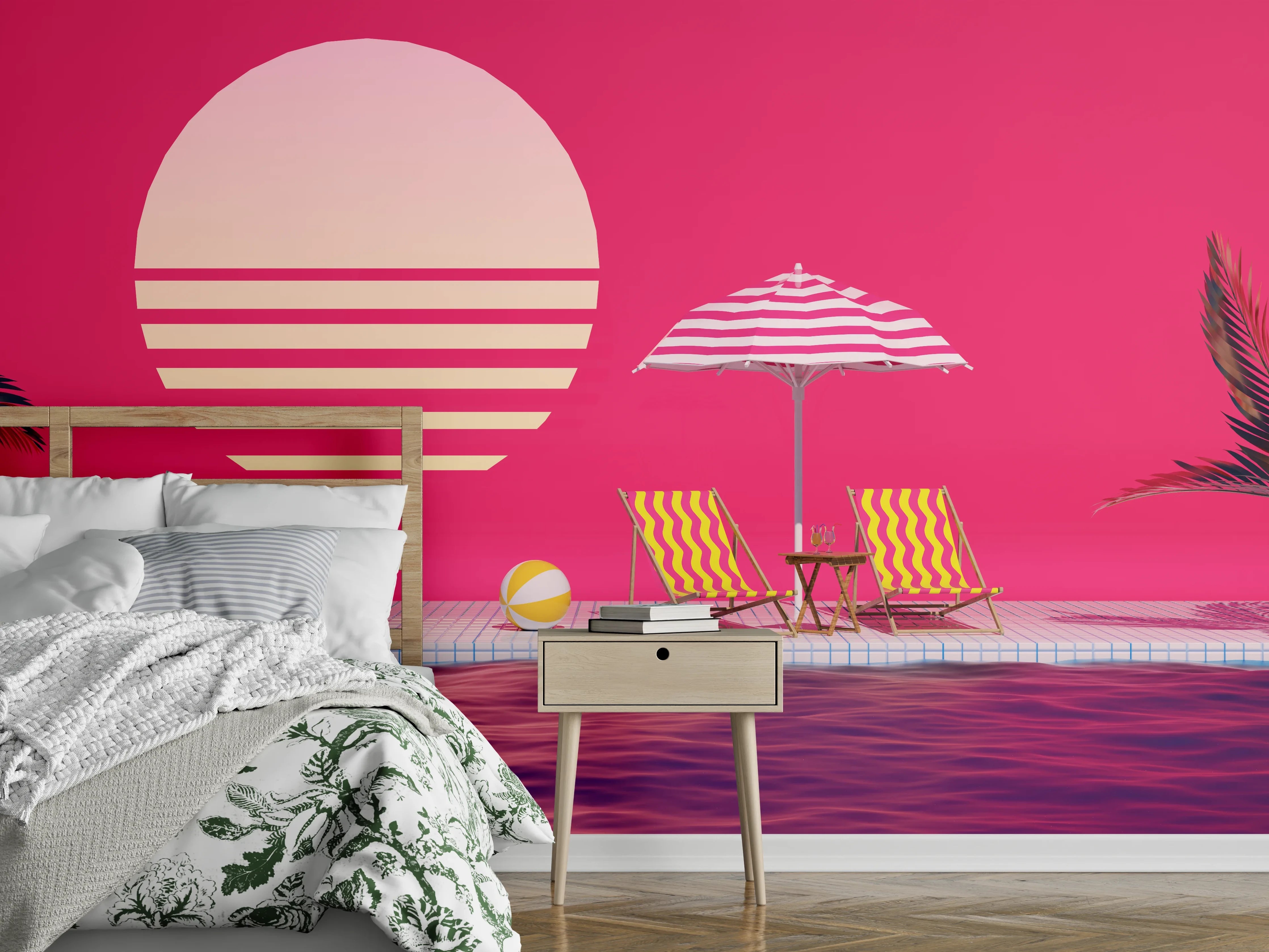 Wandverkleidung Schlafzimmer - Retro Sonnenuntergang Pool Ästhetik