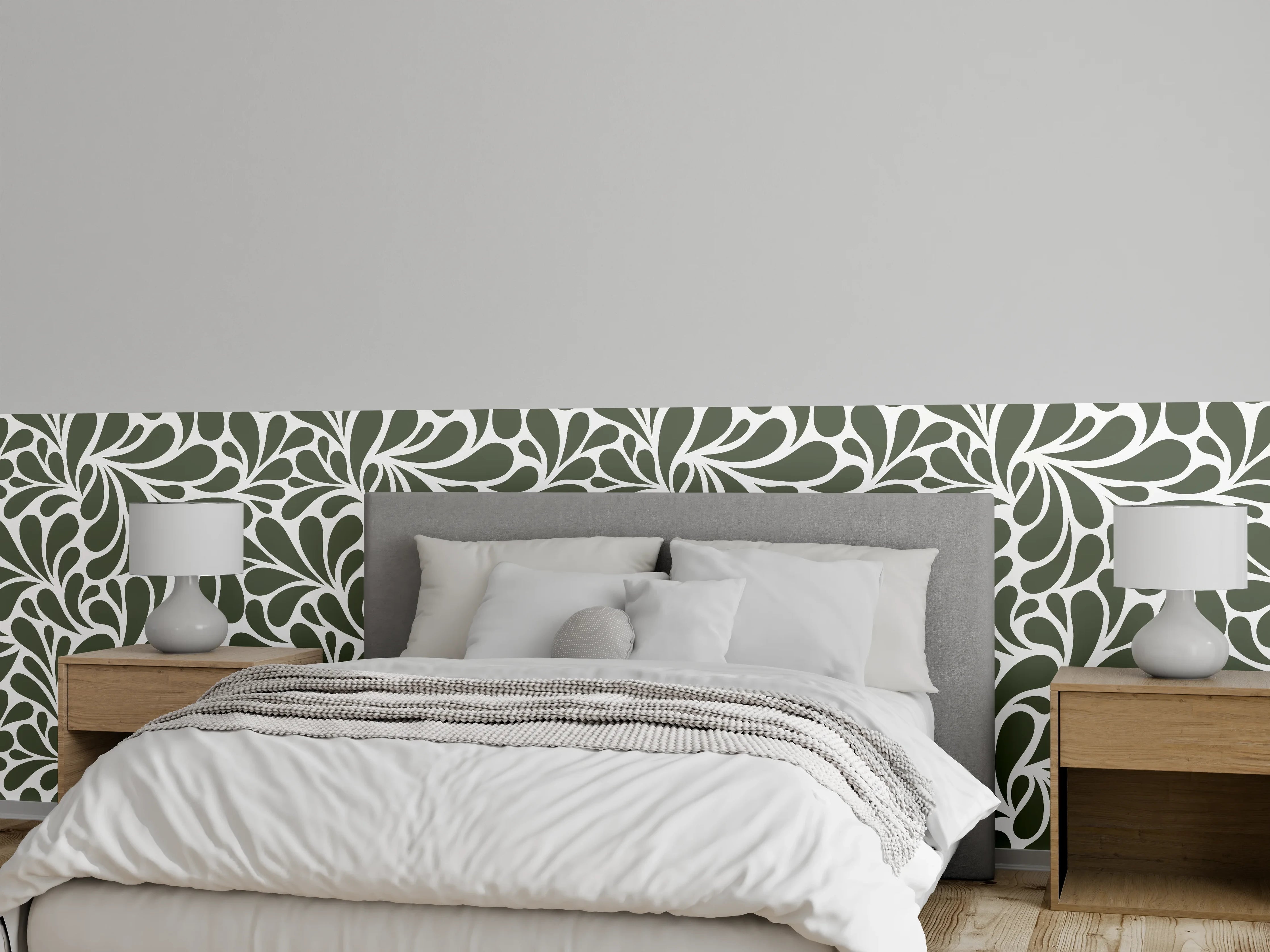 Wandverkleidung Schlafzimmer - Retro florales Ornamentmuster grün-weiß