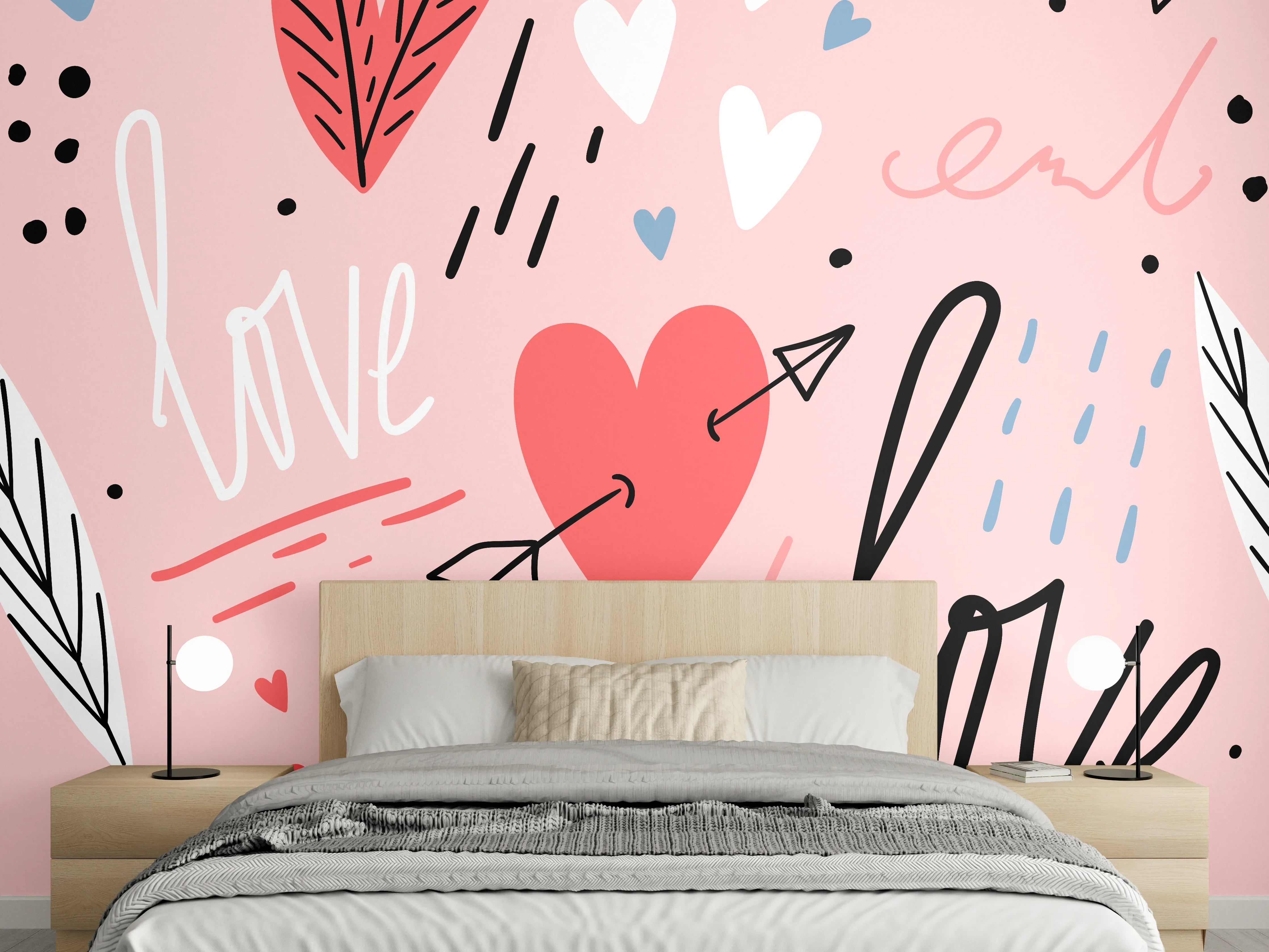 Wandverkleidung Schlafzimmer - Romantische Herzen Illustration Love Rosa