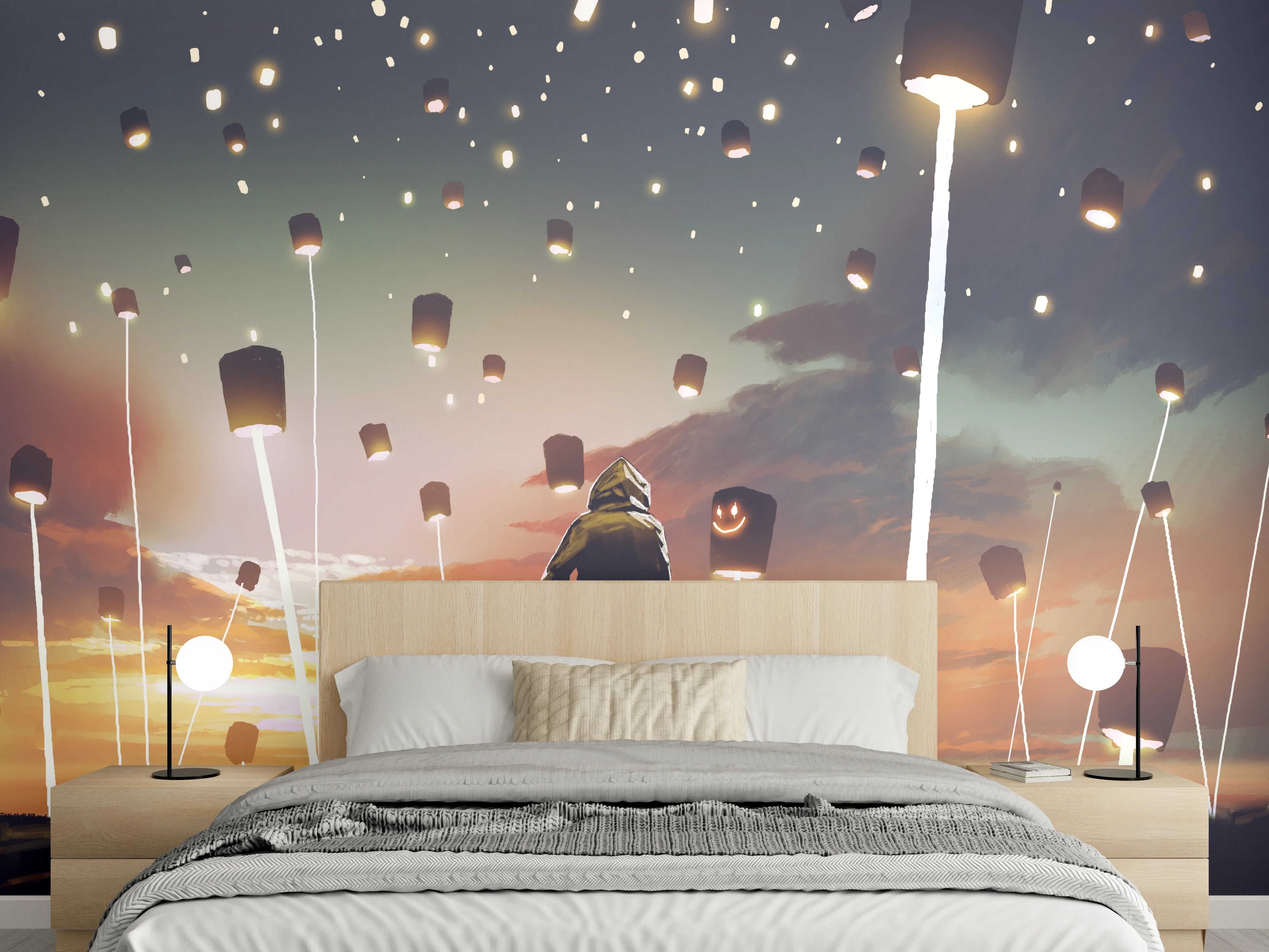 Wandverkleidung Schlafzimmer - Romantische Himmelslaternen bei Sonnenuntergang