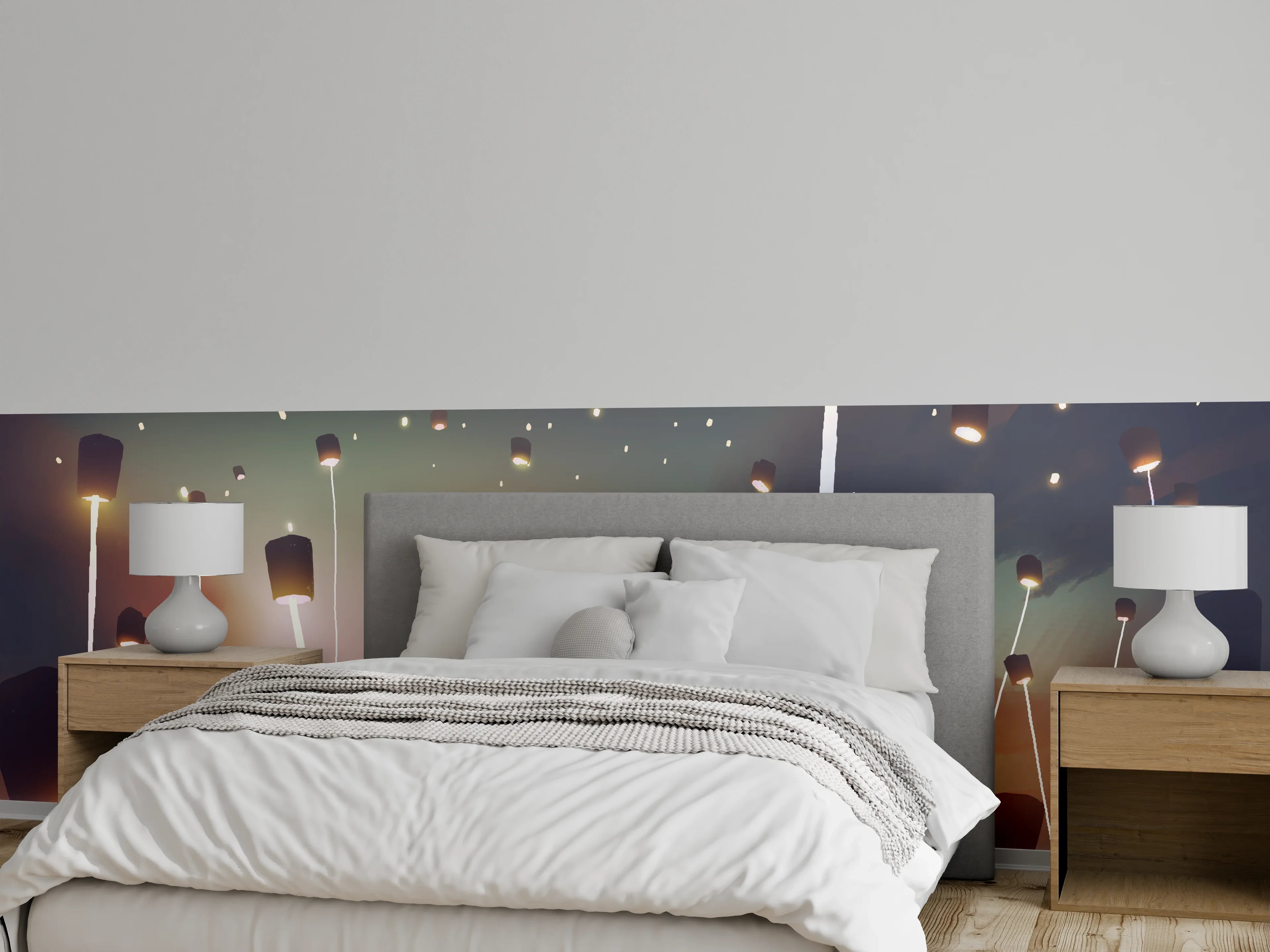 Wandverkleidung Schlafzimmer - Romantische Himmelslaternen bei Sonnenuntergang