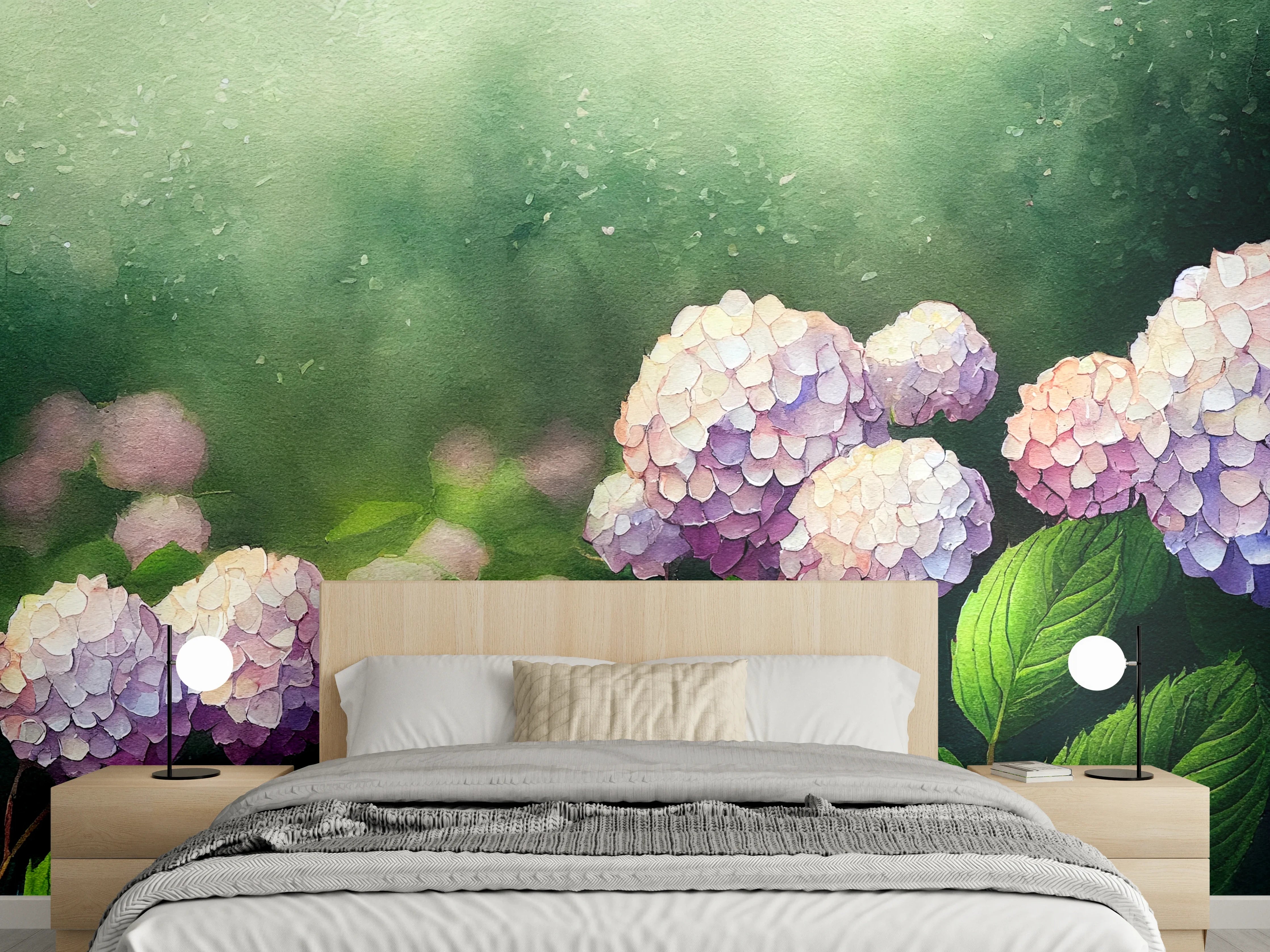 Wandverkleidung Schlafzimmer - Romantische Hortensienblüten im Morgenlicht