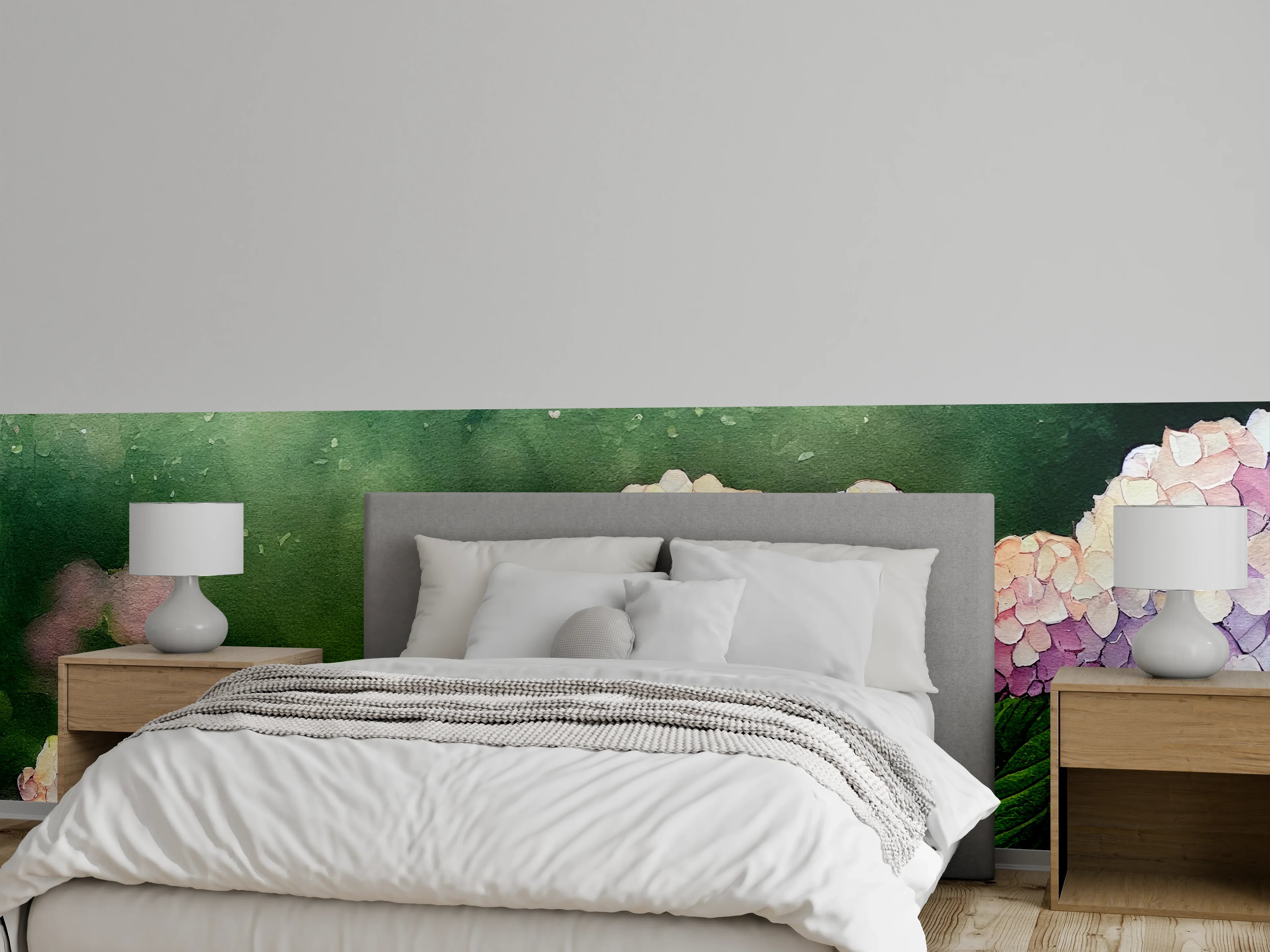 Wandverkleidung Schlafzimmer - Romantische Hortensienblüten im Morgenlicht