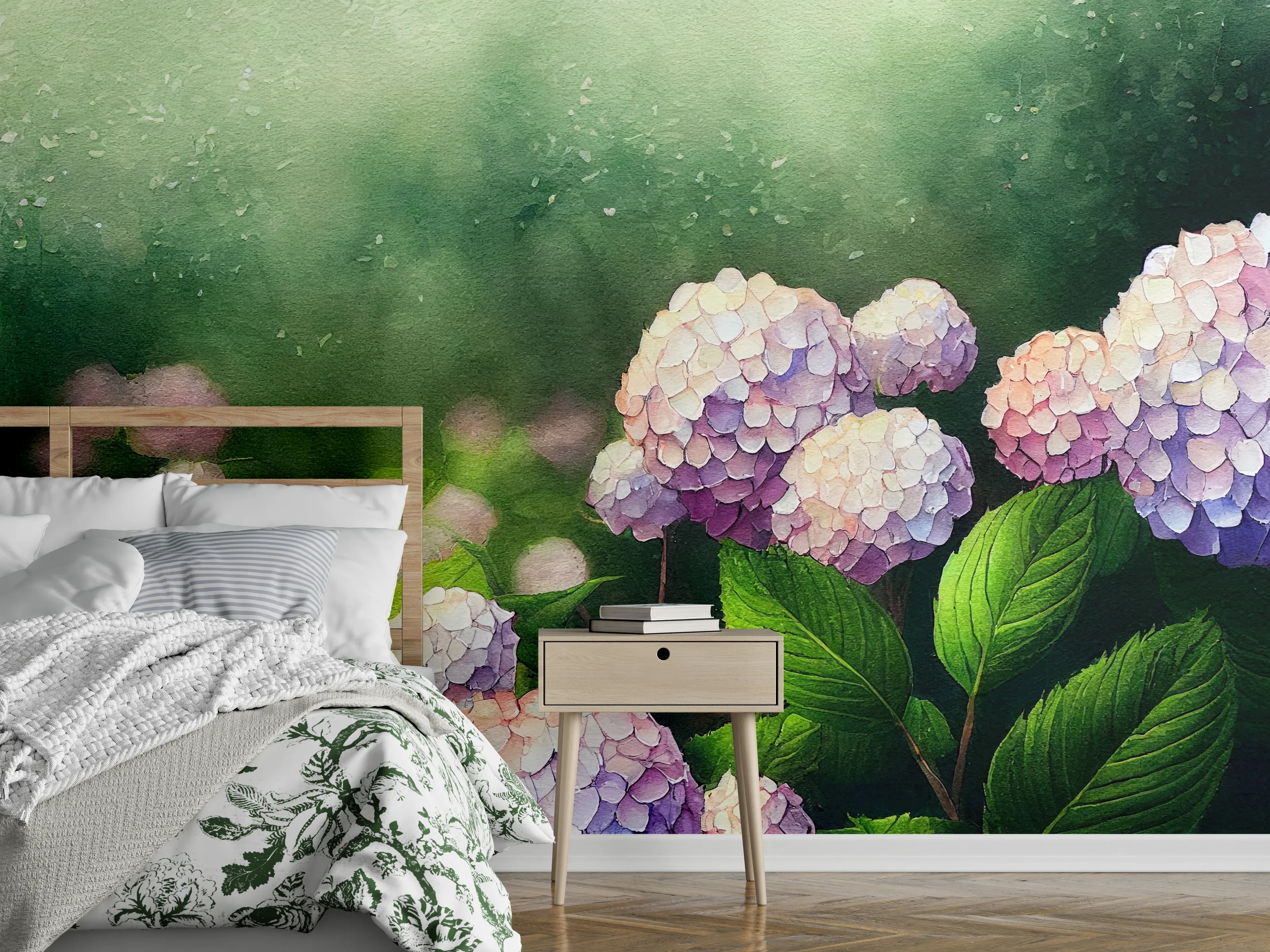 Wandverkleidung Schlafzimmer - Romantische Hortensienblüten im Morgenlicht