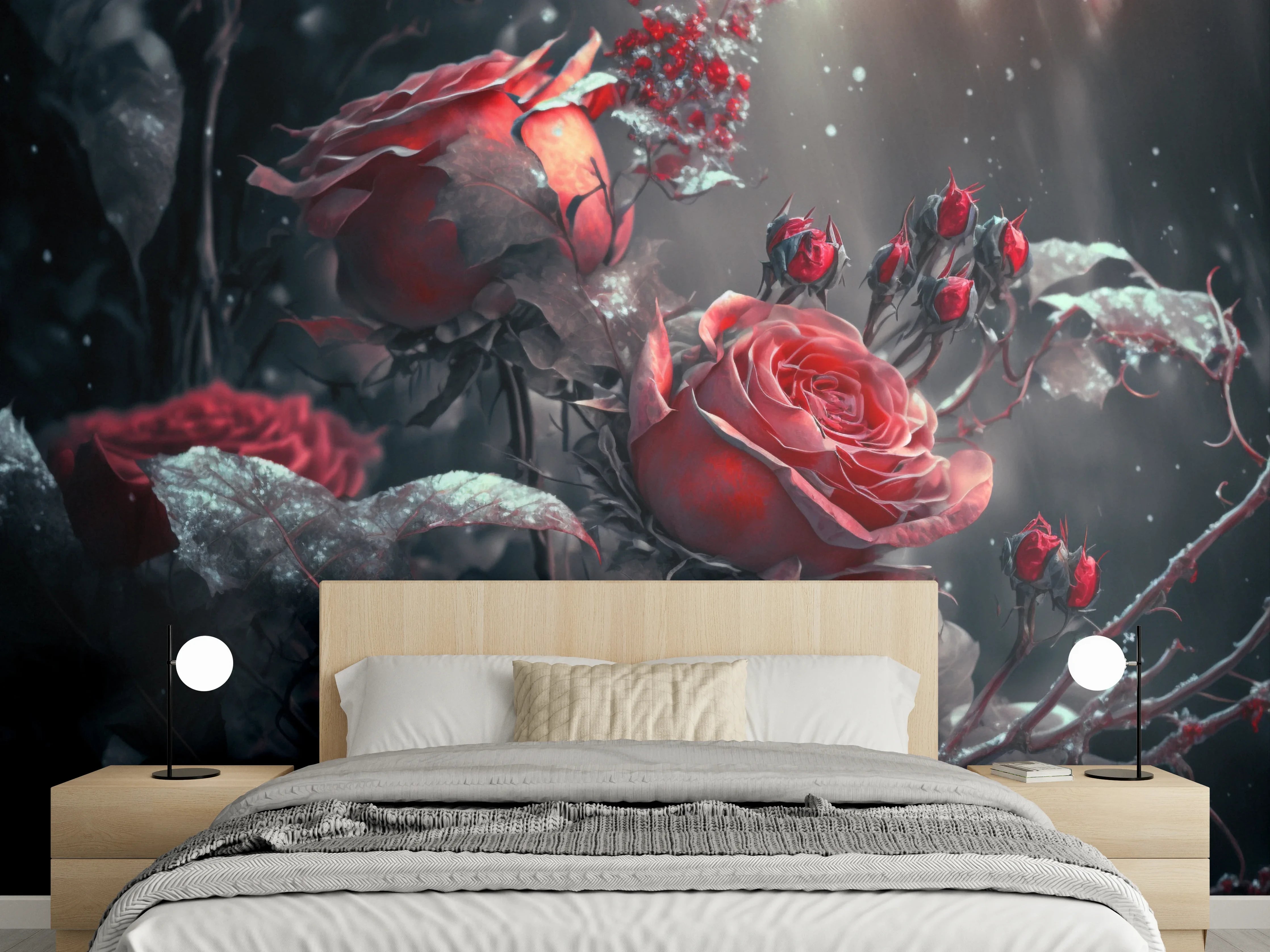 Wandverkleidung Schlafzimmer - Romantische Rosen im Winterlicht