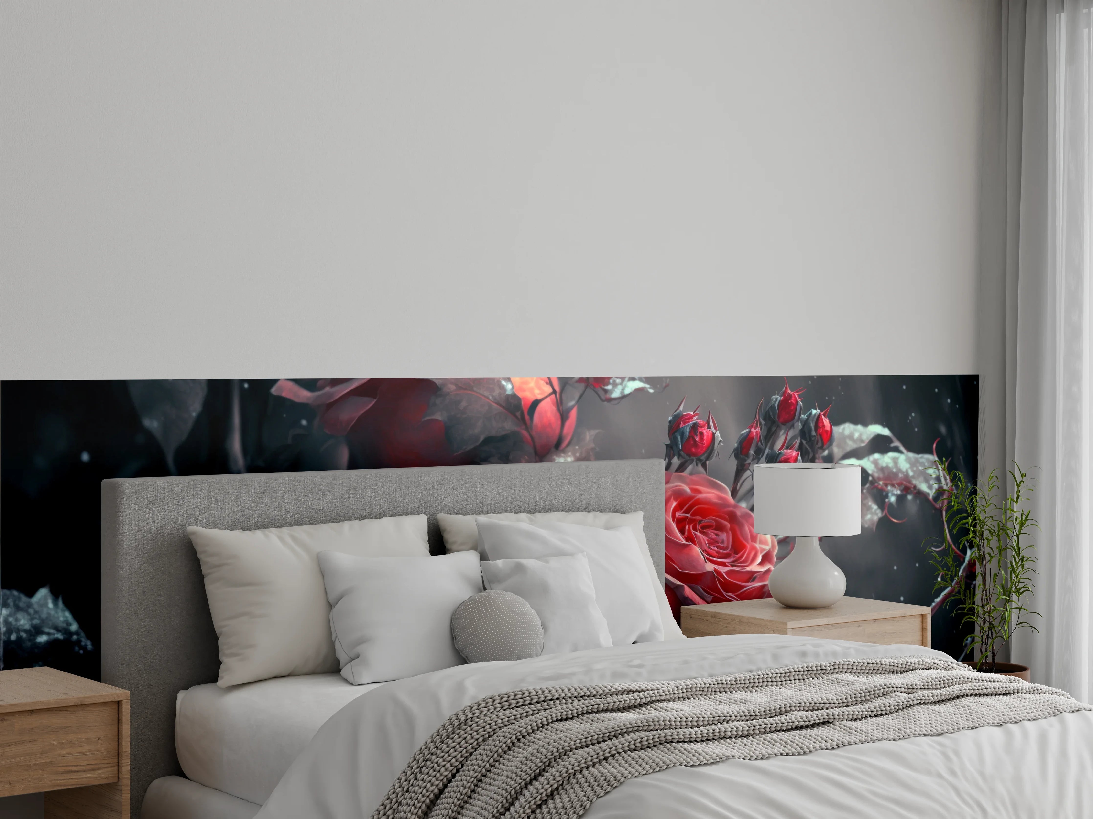 Wandverkleidung Schlafzimmer - Romantische Rosen im Winterlicht