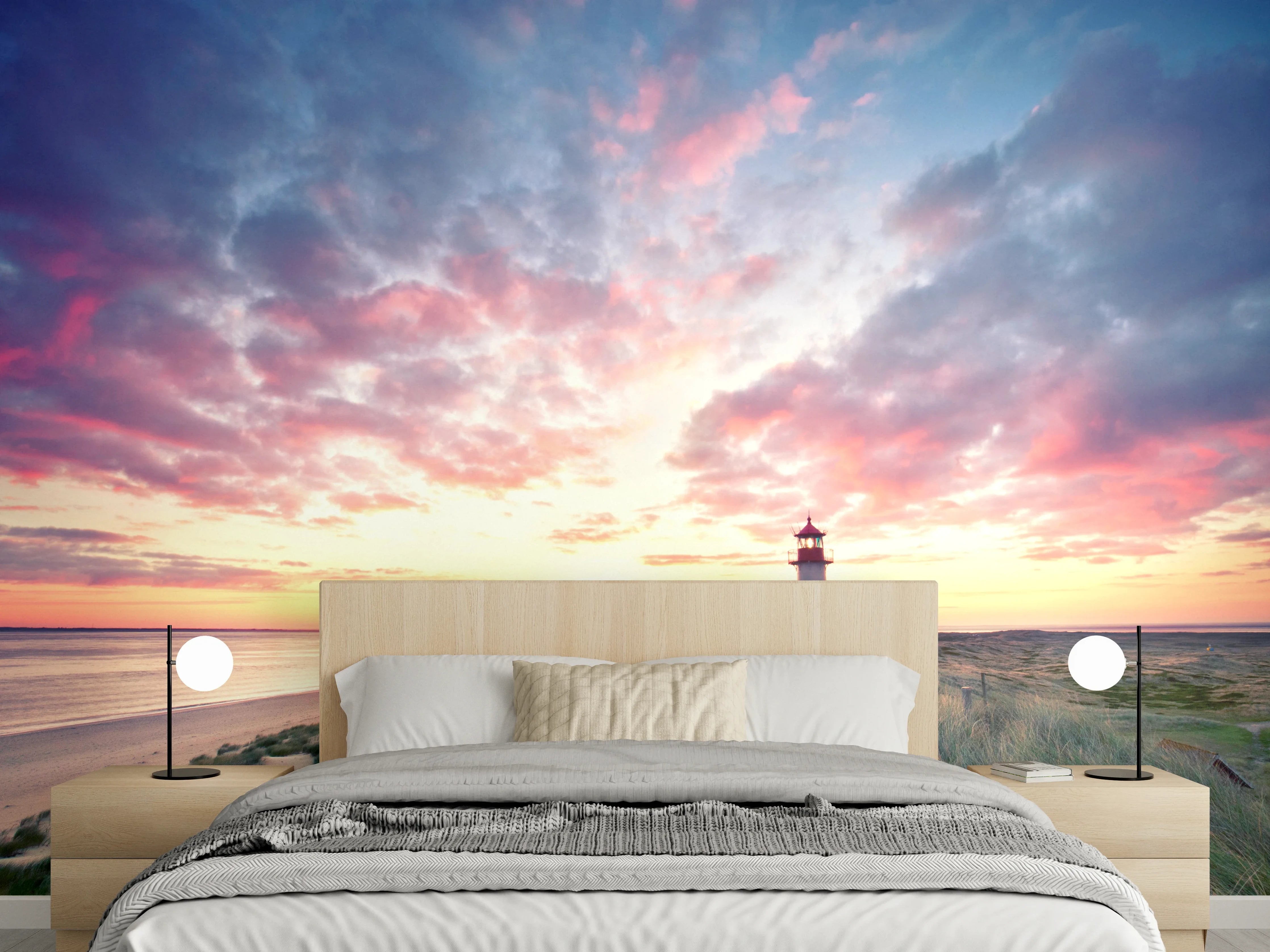 Wandverkleidung Schlafzimmer - Romantischer Sonnenuntergang am Leuchtturmstrand