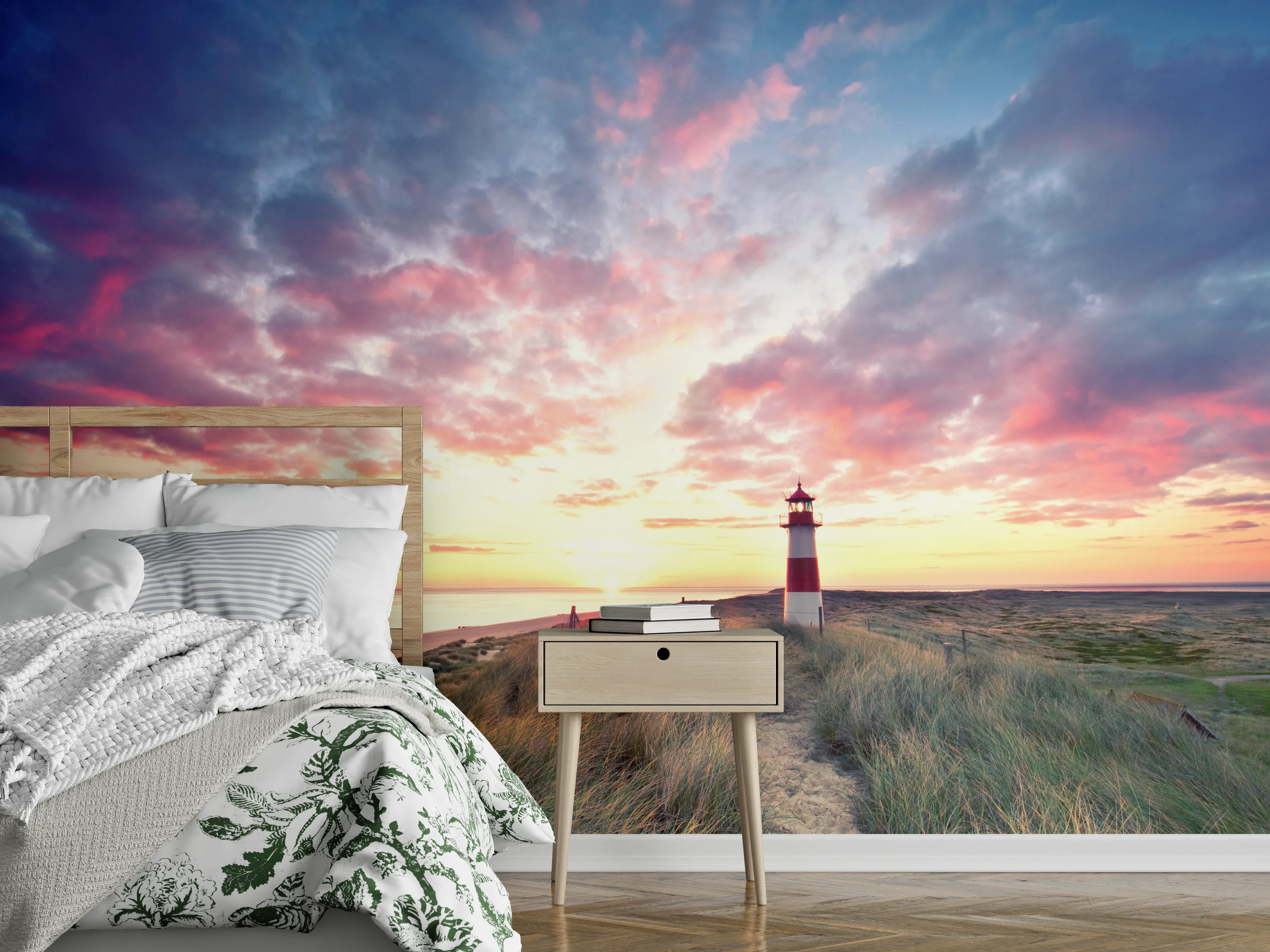 Wandverkleidung Schlafzimmer - Romantischer Sonnenuntergang am Leuchtturmstrand