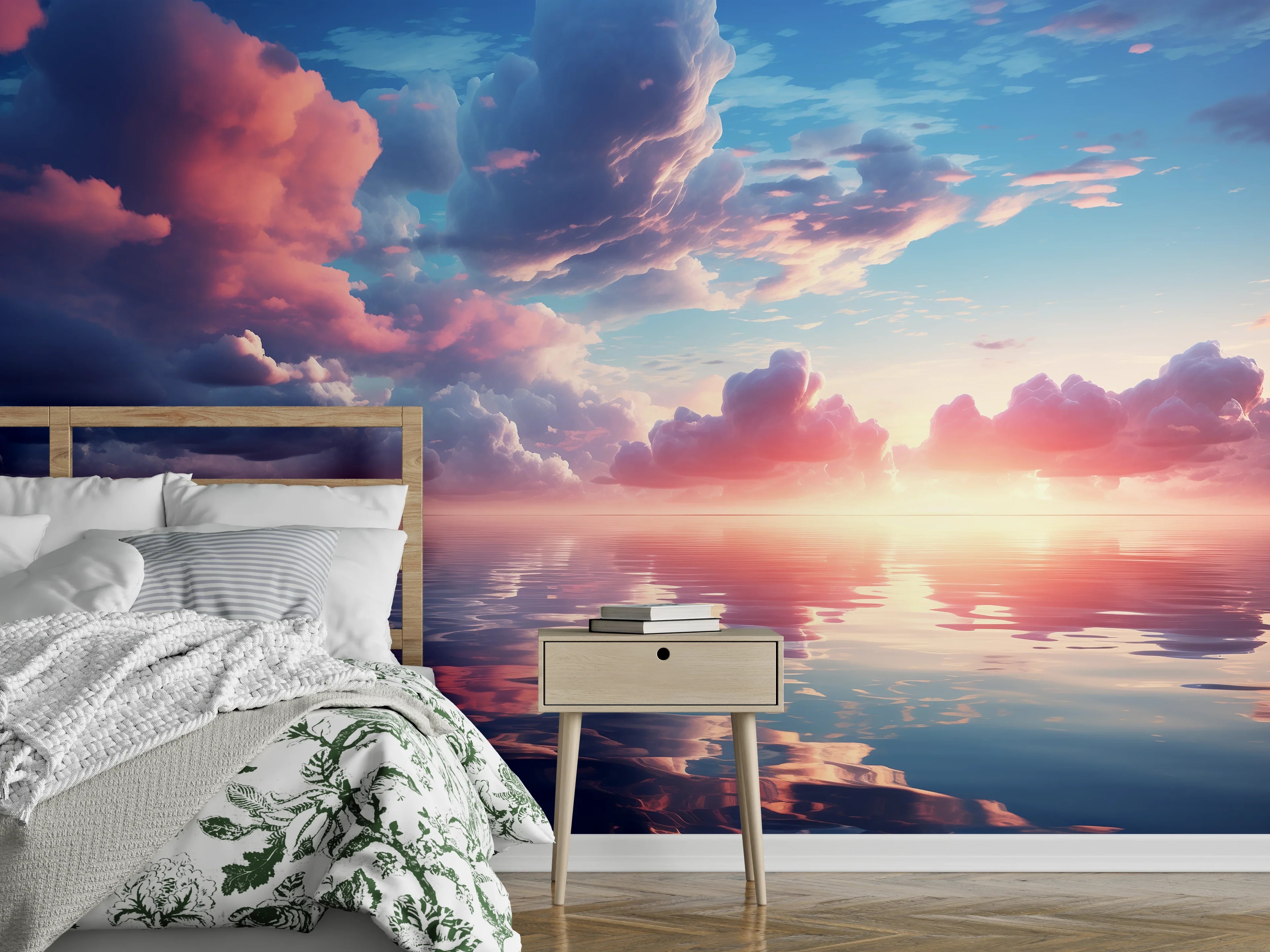 Wandverkleidung Schlafzimmer - Romantischer Sonnenuntergang über ruhigem Wasser