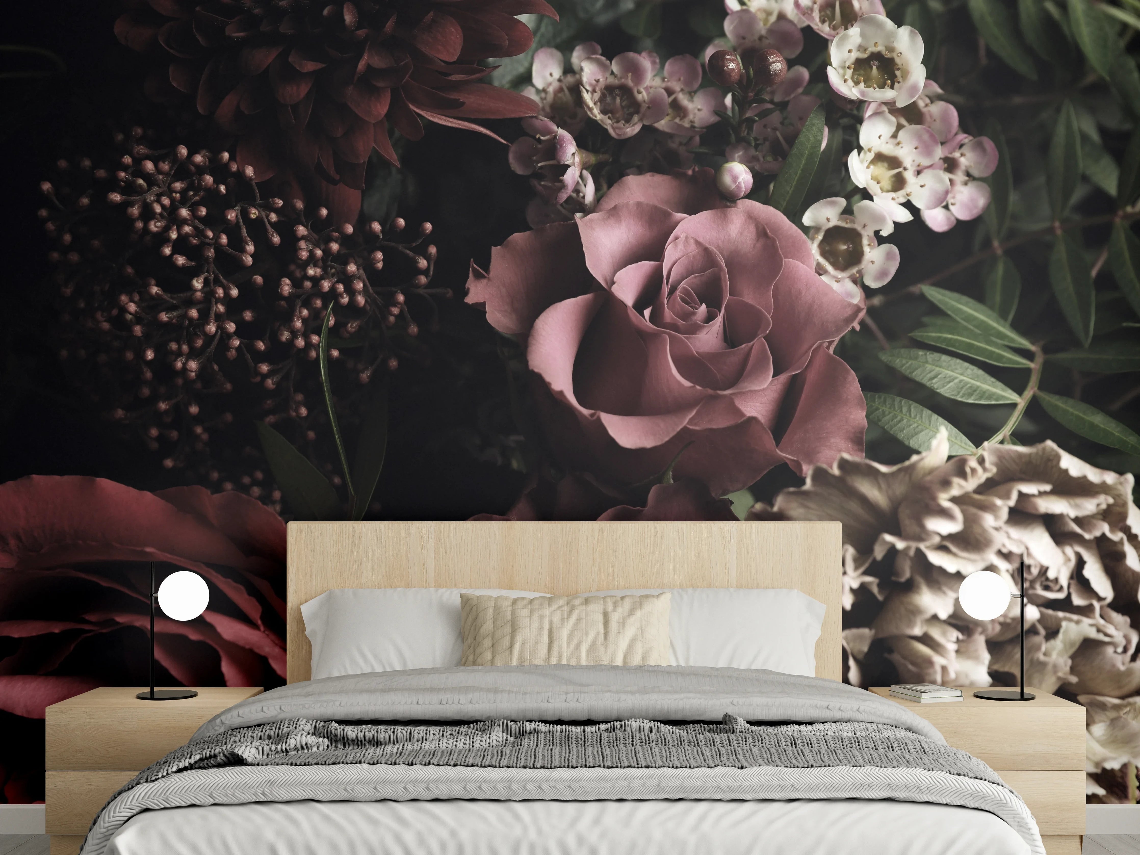 Wandverkleidung Schlafzimmer - Romantisches Blumenbouquet Vintage Look