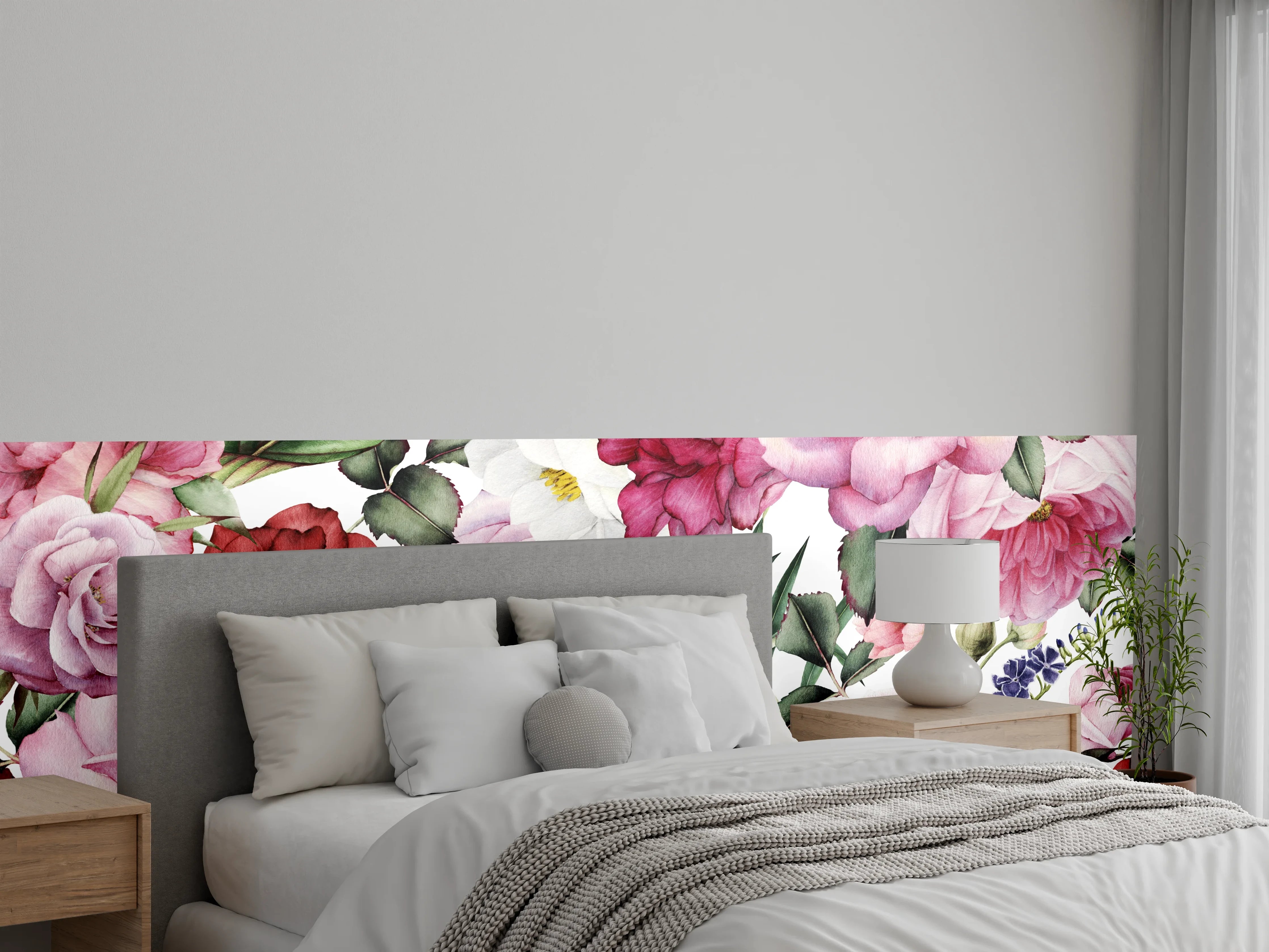 Wandverkleidung Schlafzimmer - Romantisches Blumenmuster Aquarell Wandbild