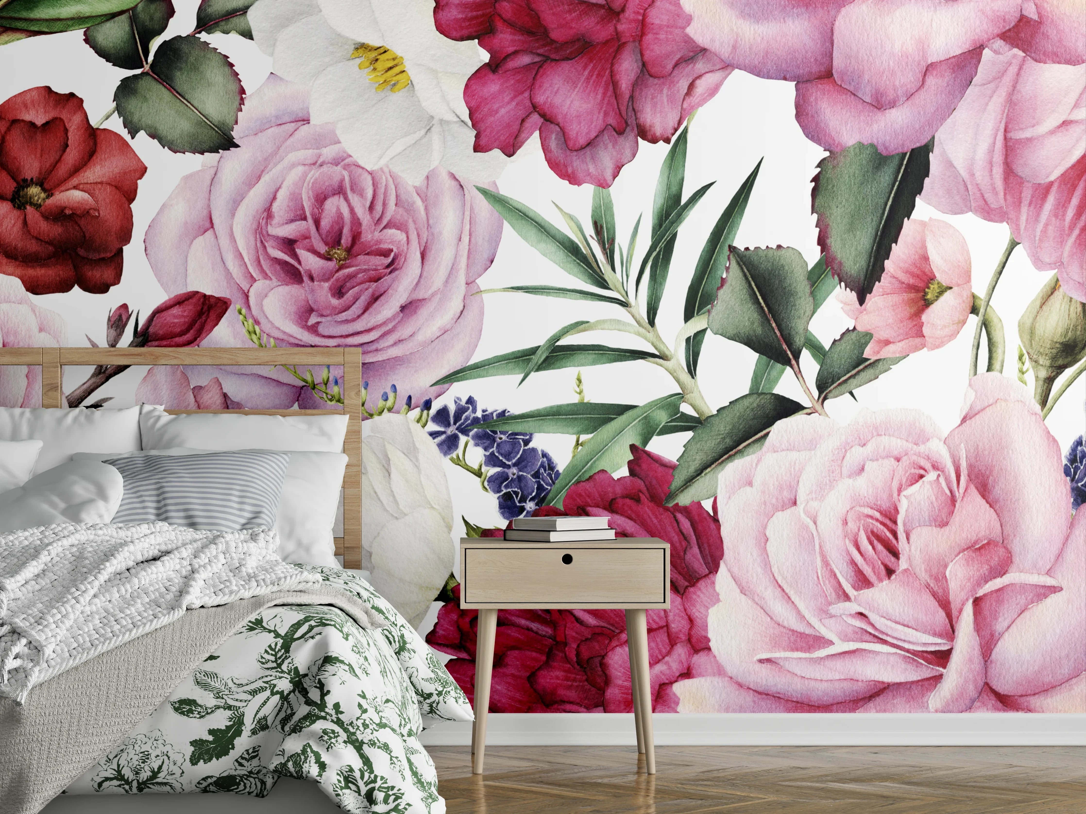 Wandverkleidung Schlafzimmer - Romantisches Blumenmuster Aquarell Wandbild
