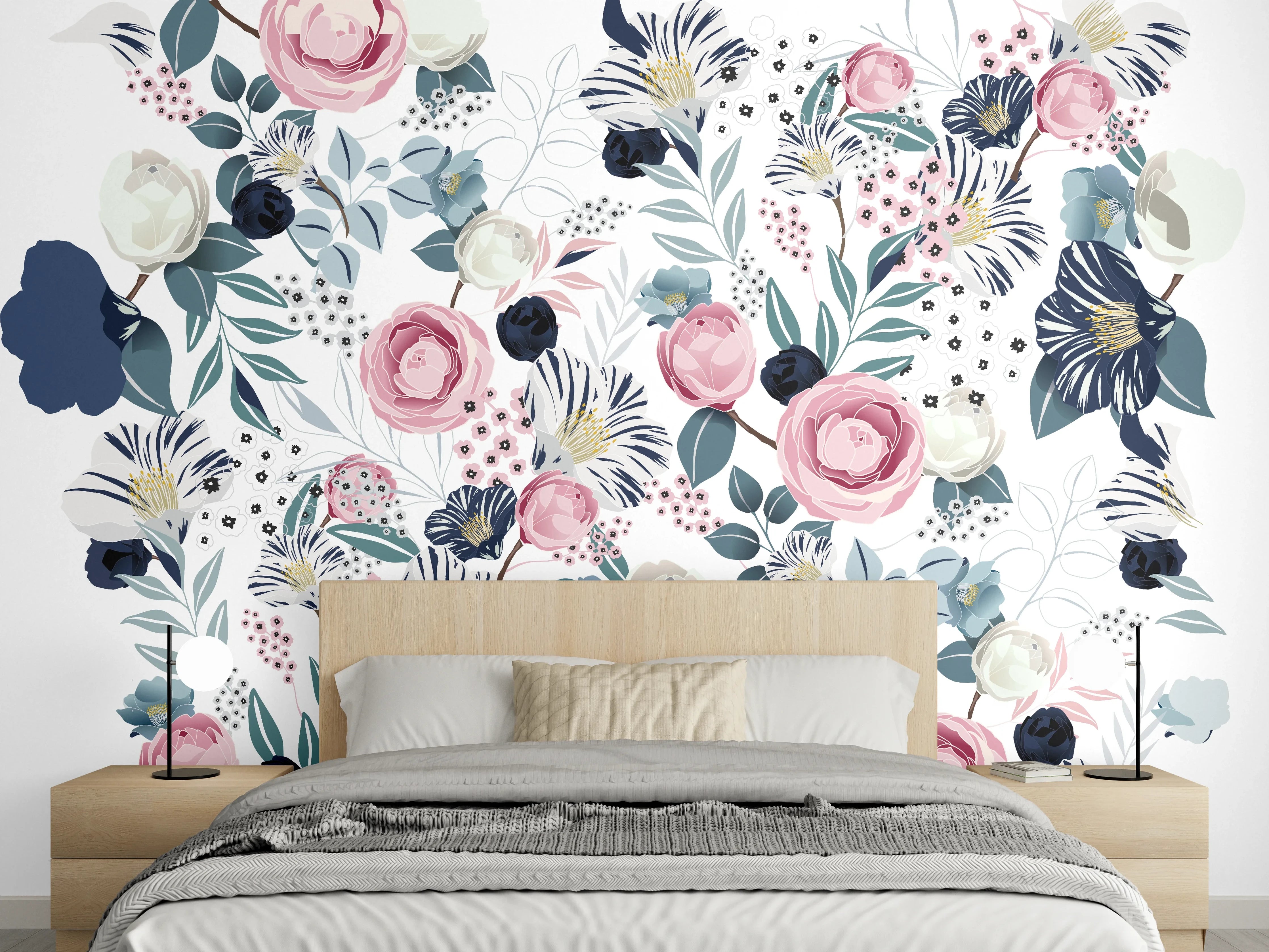 Wandverkleidung Schlafzimmer - Rosa Aquarell Blumenmuster Wandbild