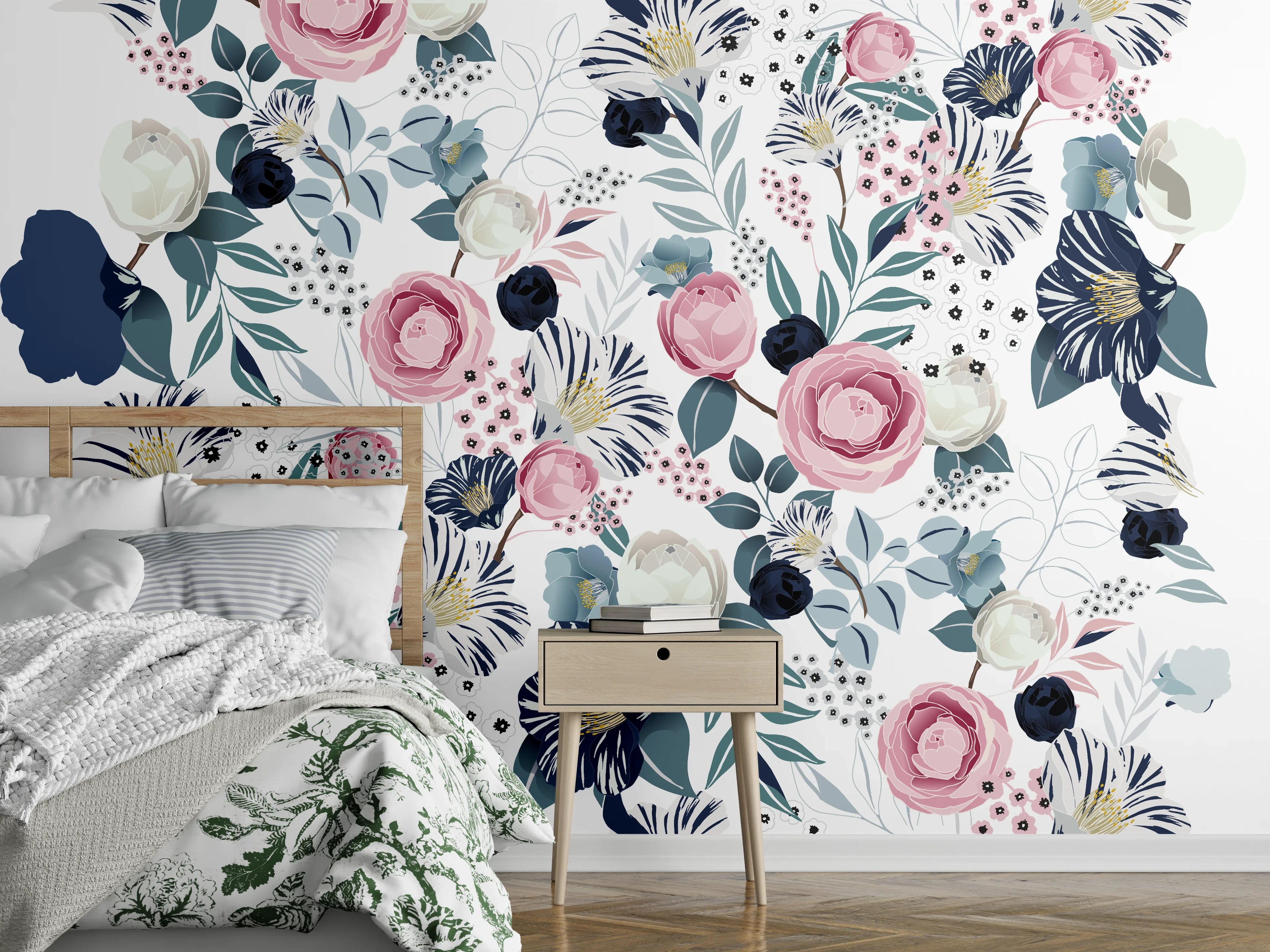 Wandverkleidung Schlafzimmer - Rosa Aquarell Blumenmuster Wandbild
