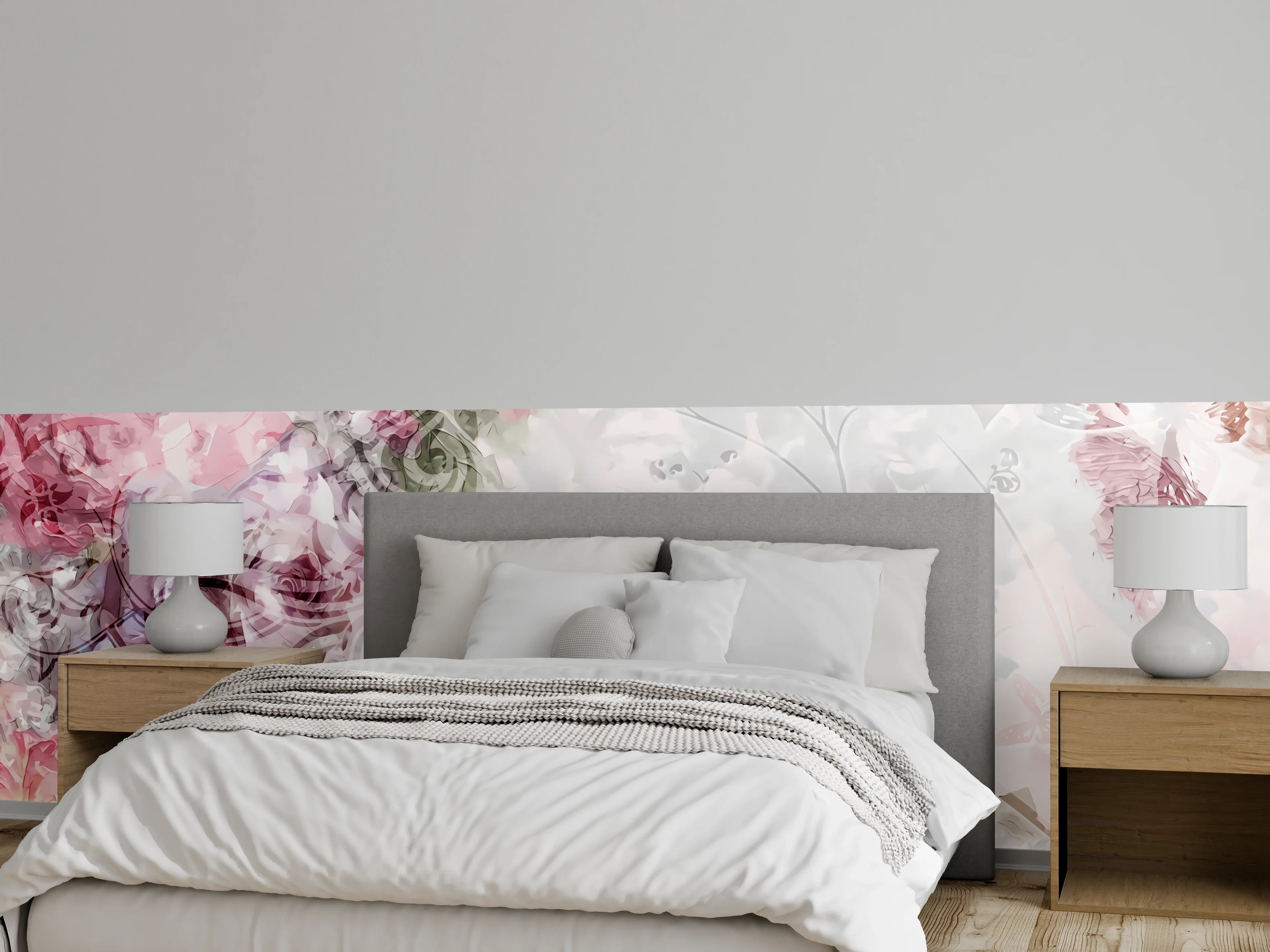 Wandverkleidung Schlafzimmer - Rosa Blumen-Aquarell auf Weiß
