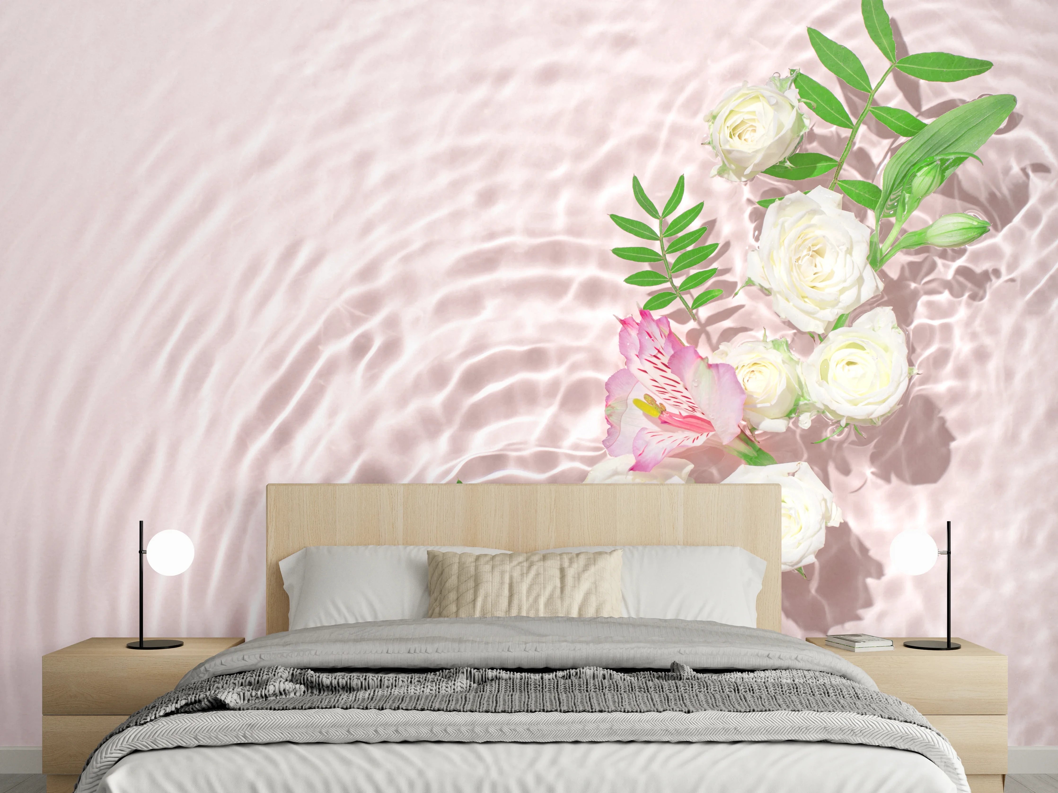 Wandverkleidung Schlafzimmer - Rosa Blumen auf Wasser