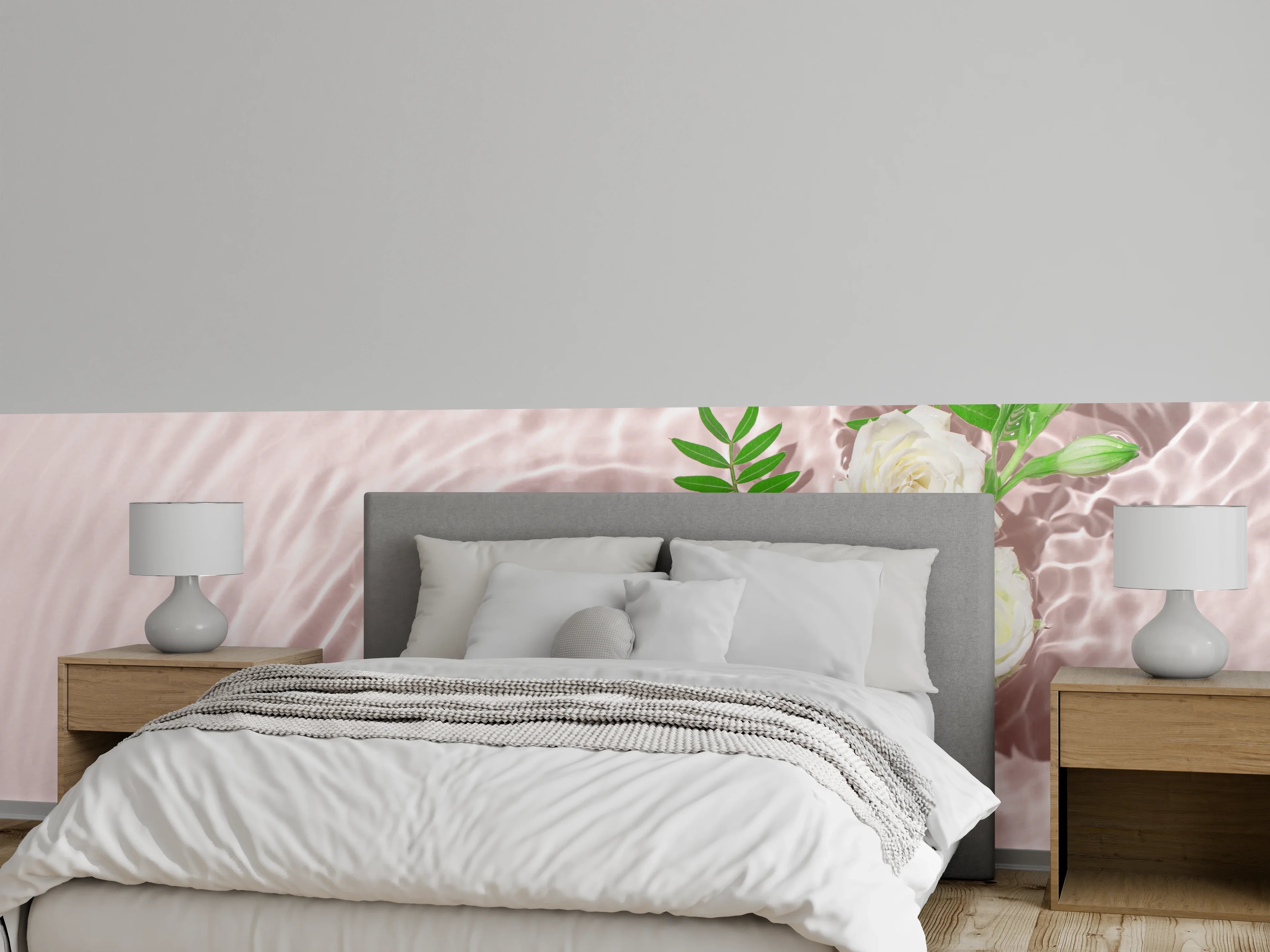 Wandverkleidung Schlafzimmer - Rosa Blumen auf Wasser