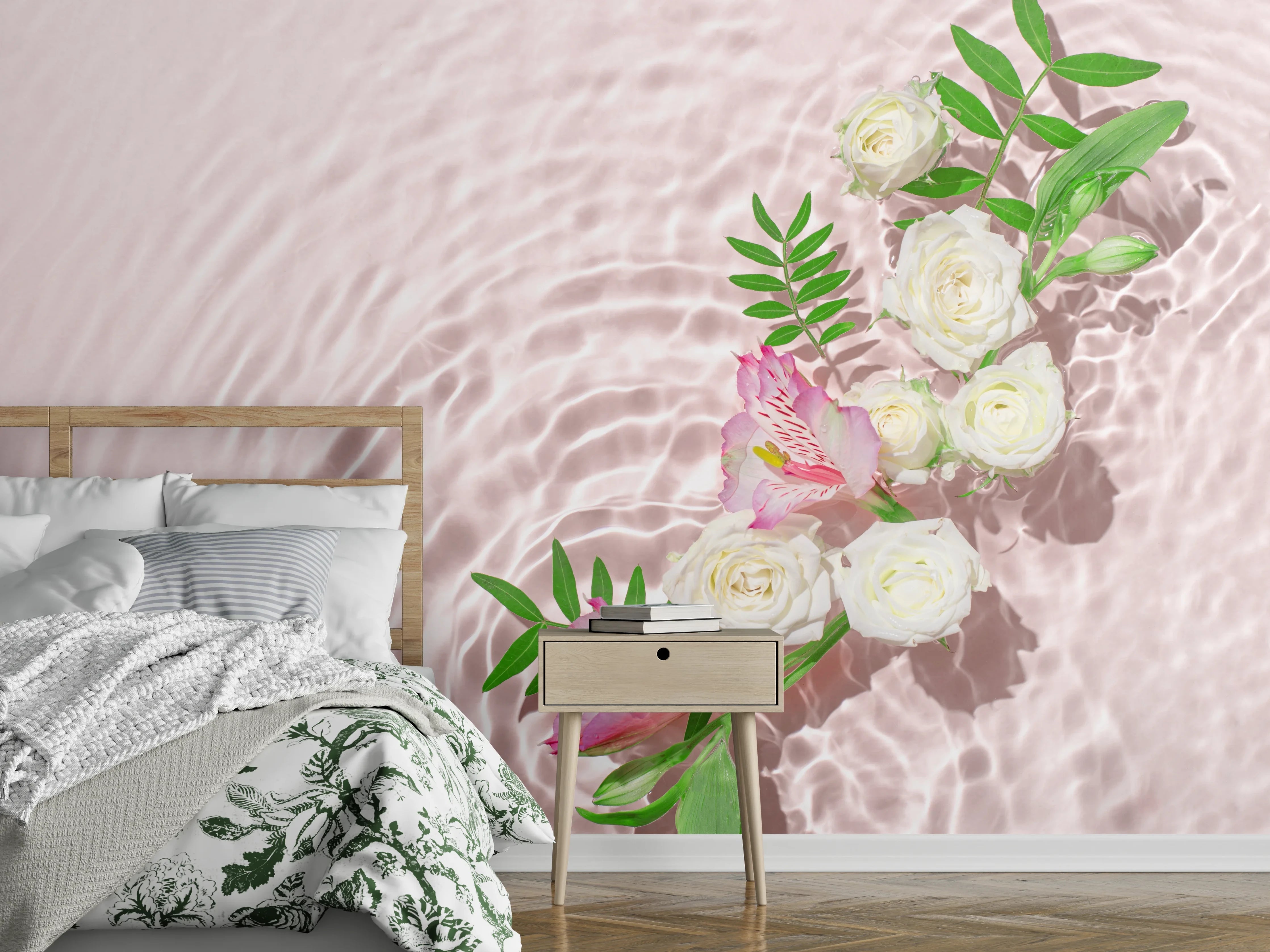 Wandverkleidung Schlafzimmer - Rosa Blumen auf Wasser