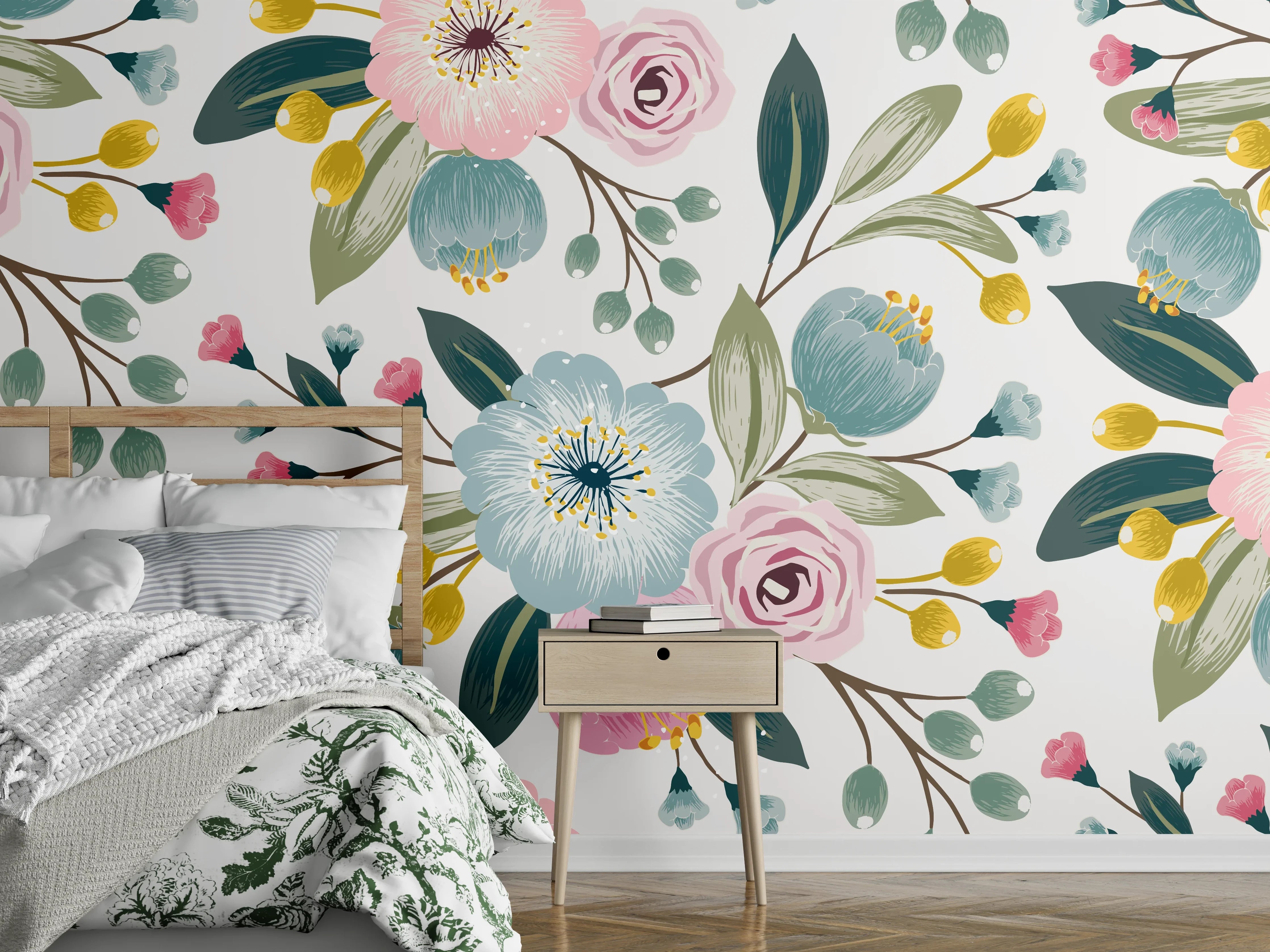 Wandverkleidung Schlafzimmer - Rosa Blumenmuster Tapete