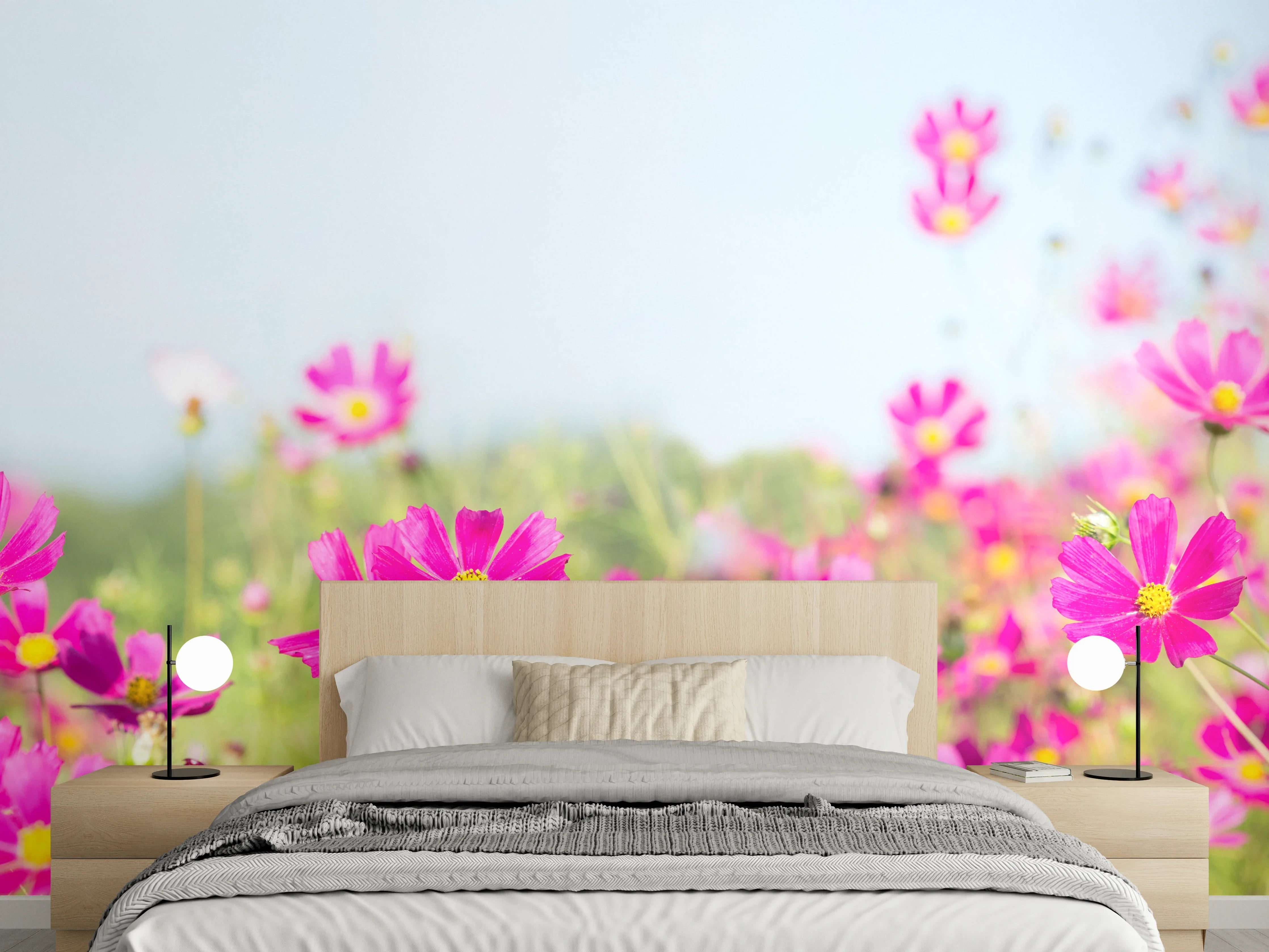 Wandverkleidung Schlafzimmer - Rosa Blumenwiese Panorama