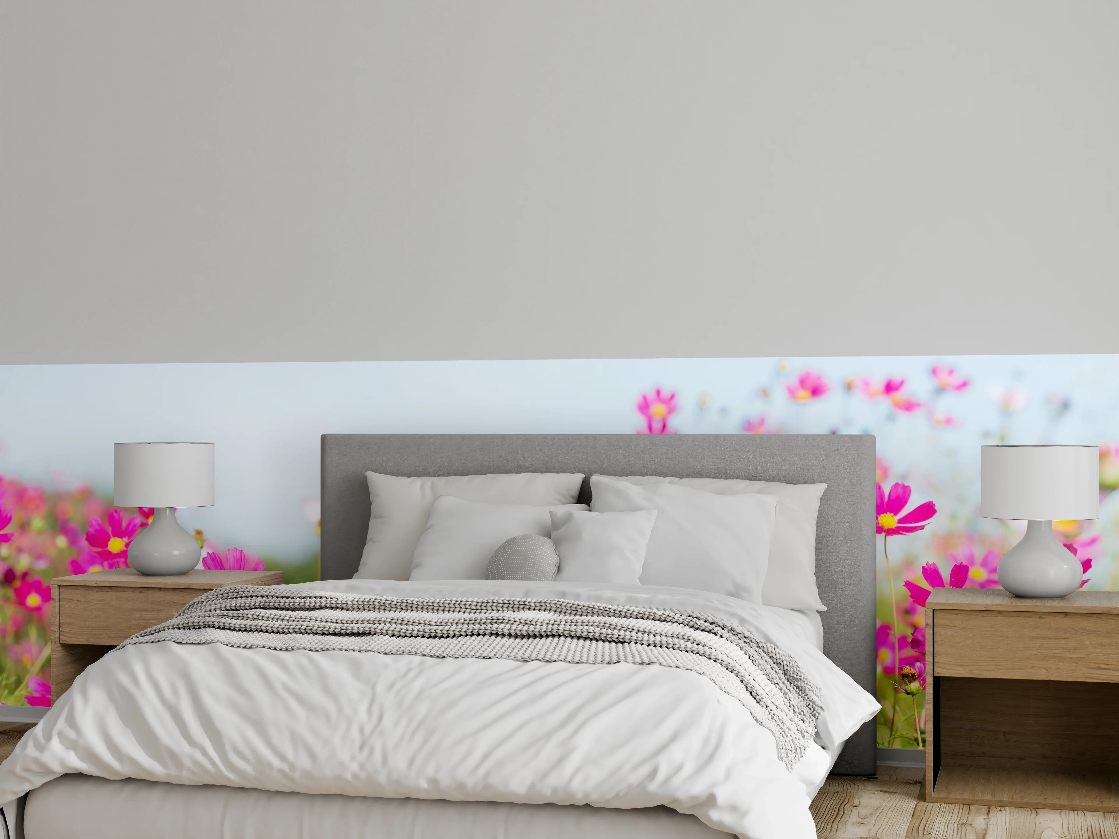 Wandverkleidung Schlafzimmer - Rosa Blumenwiese Panorama