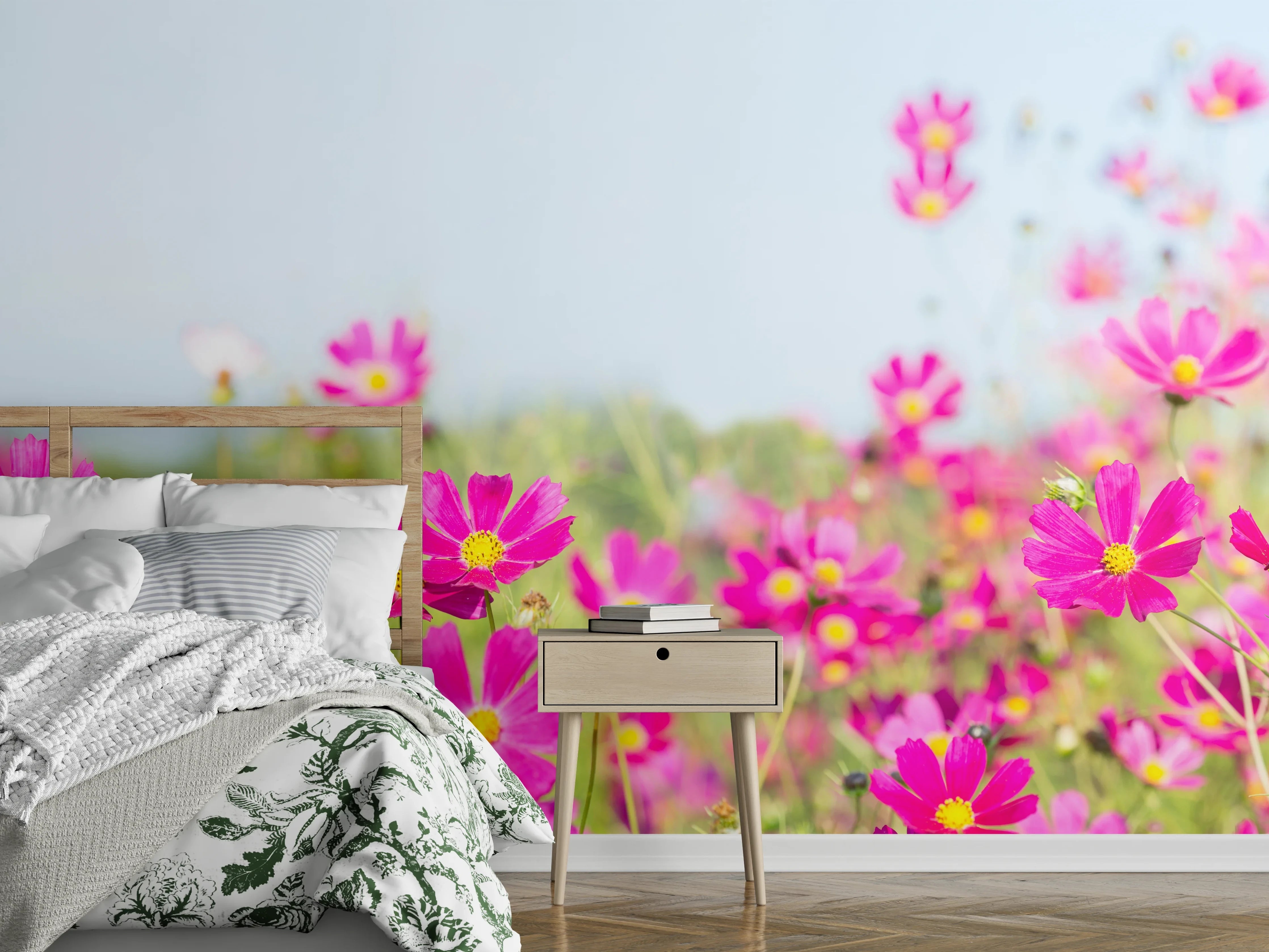 Wandverkleidung Schlafzimmer - Rosa Blumenwiese Panorama