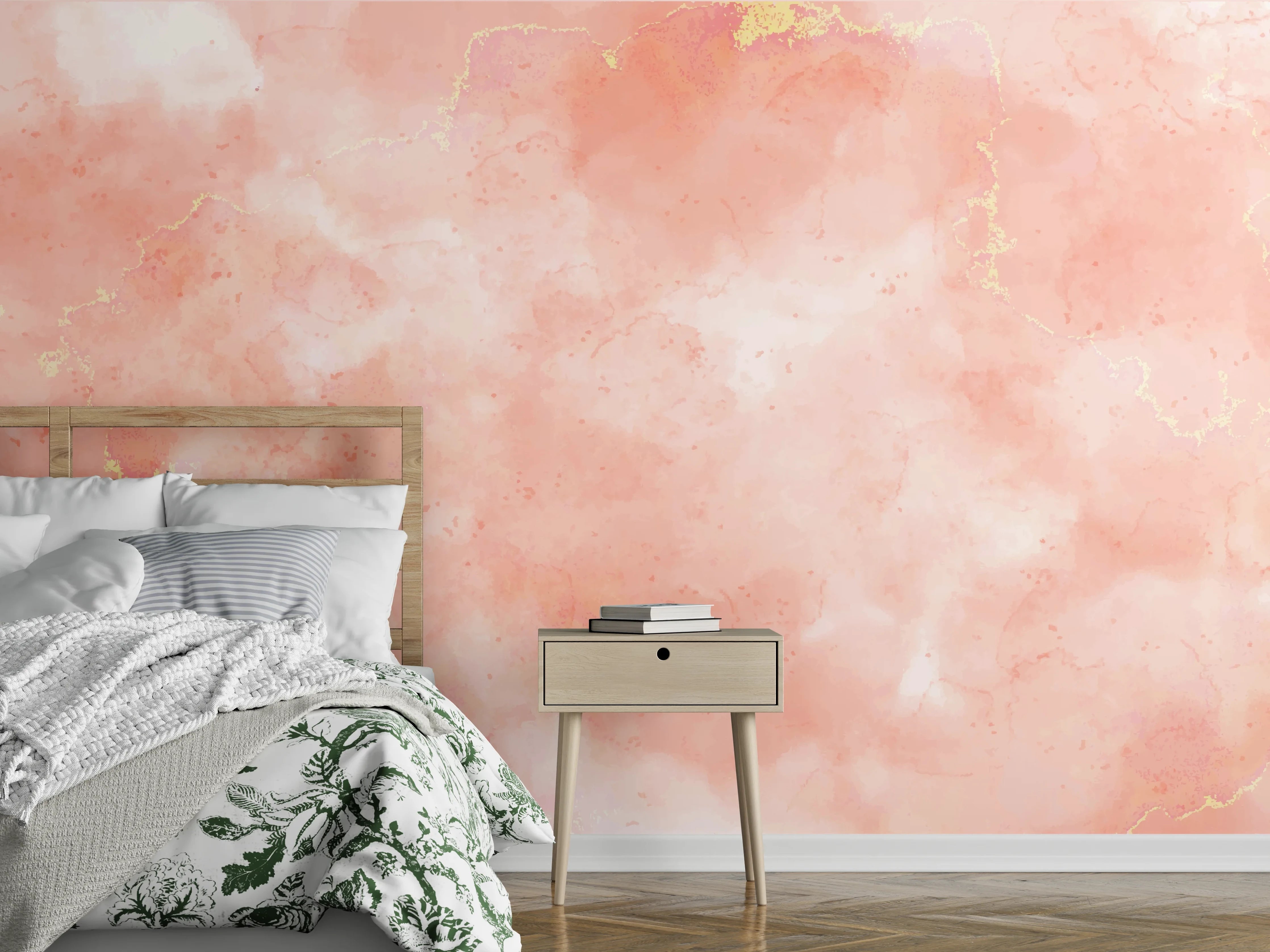 Wandverkleidung Schlafzimmer - Rosa Marmor Textur mit Goldakzenten