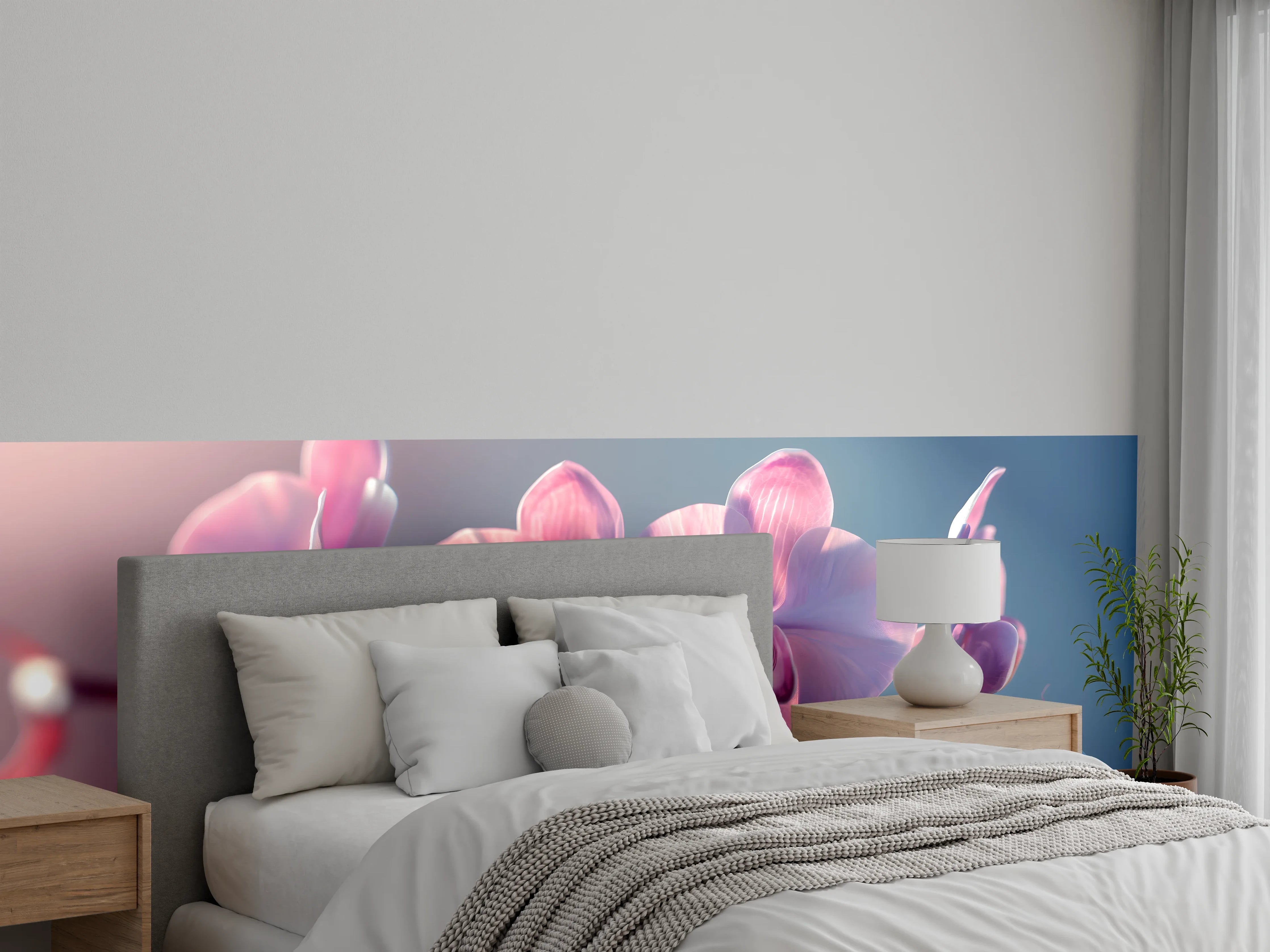 Wandverkleidung Schlafzimmer - Rosa Orchideen auf Blau