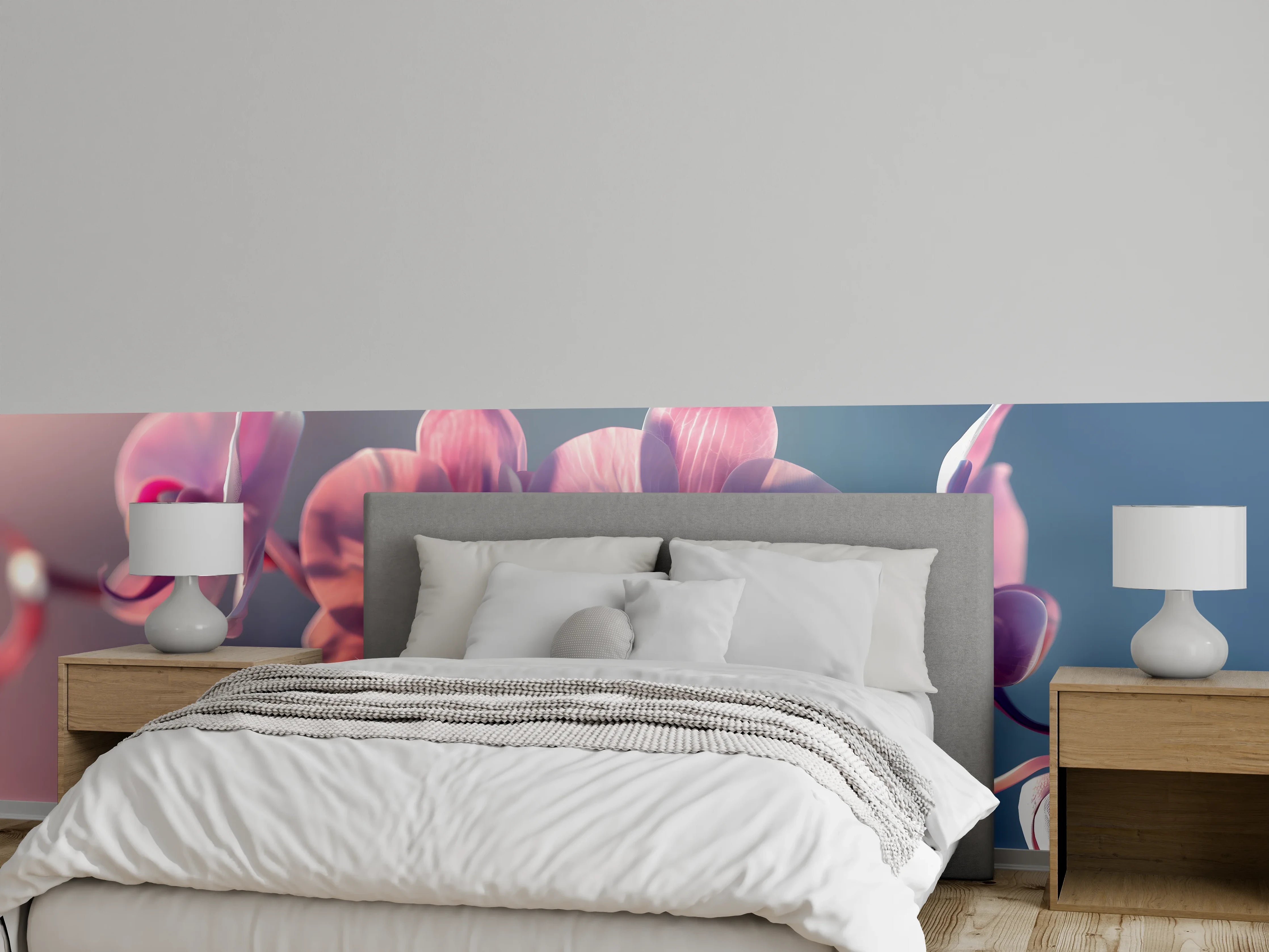 Wandverkleidung Schlafzimmer - Rosa Orchideen auf Blau