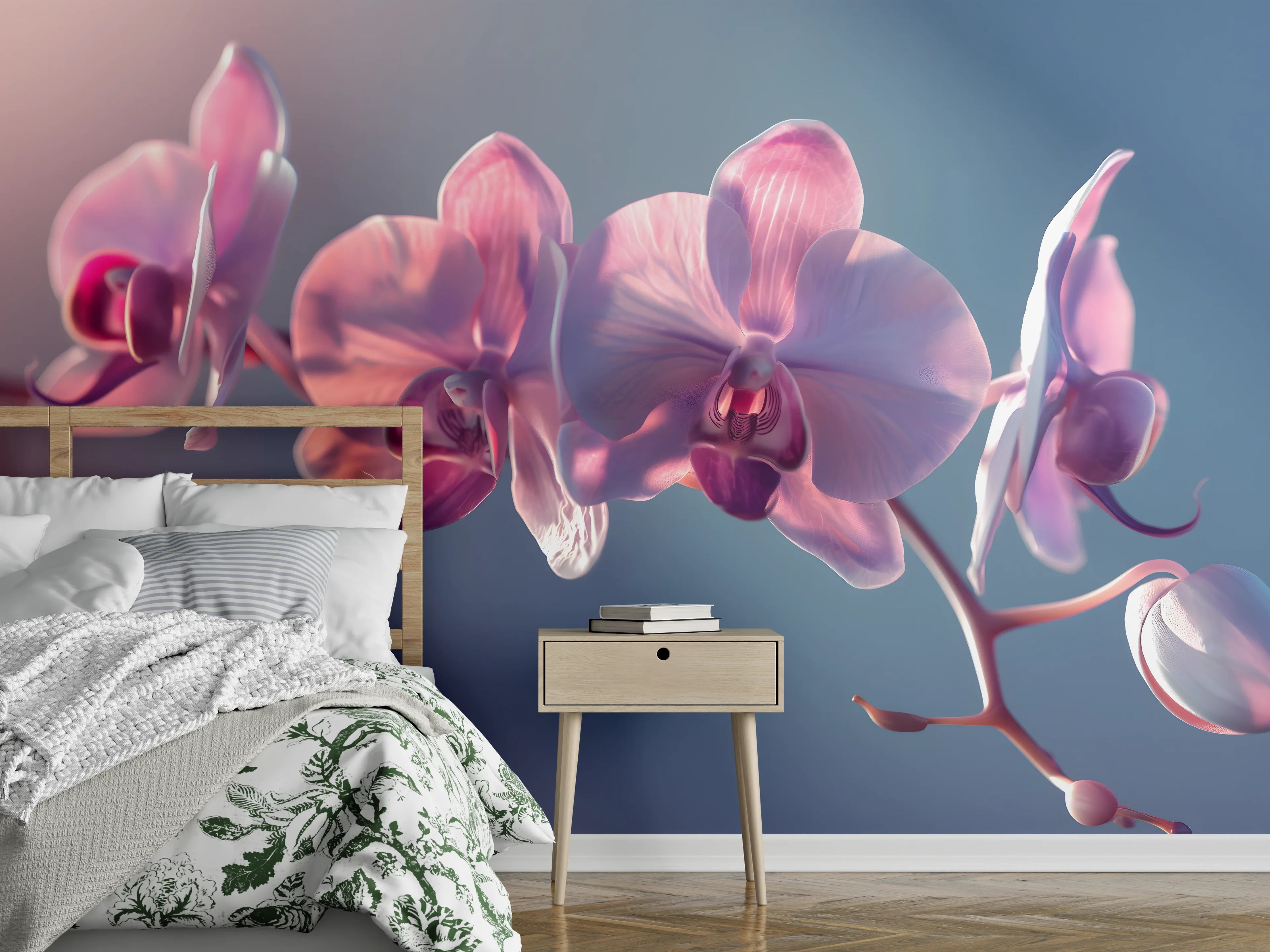 Wandverkleidung Schlafzimmer - Rosa Orchideen auf Blau