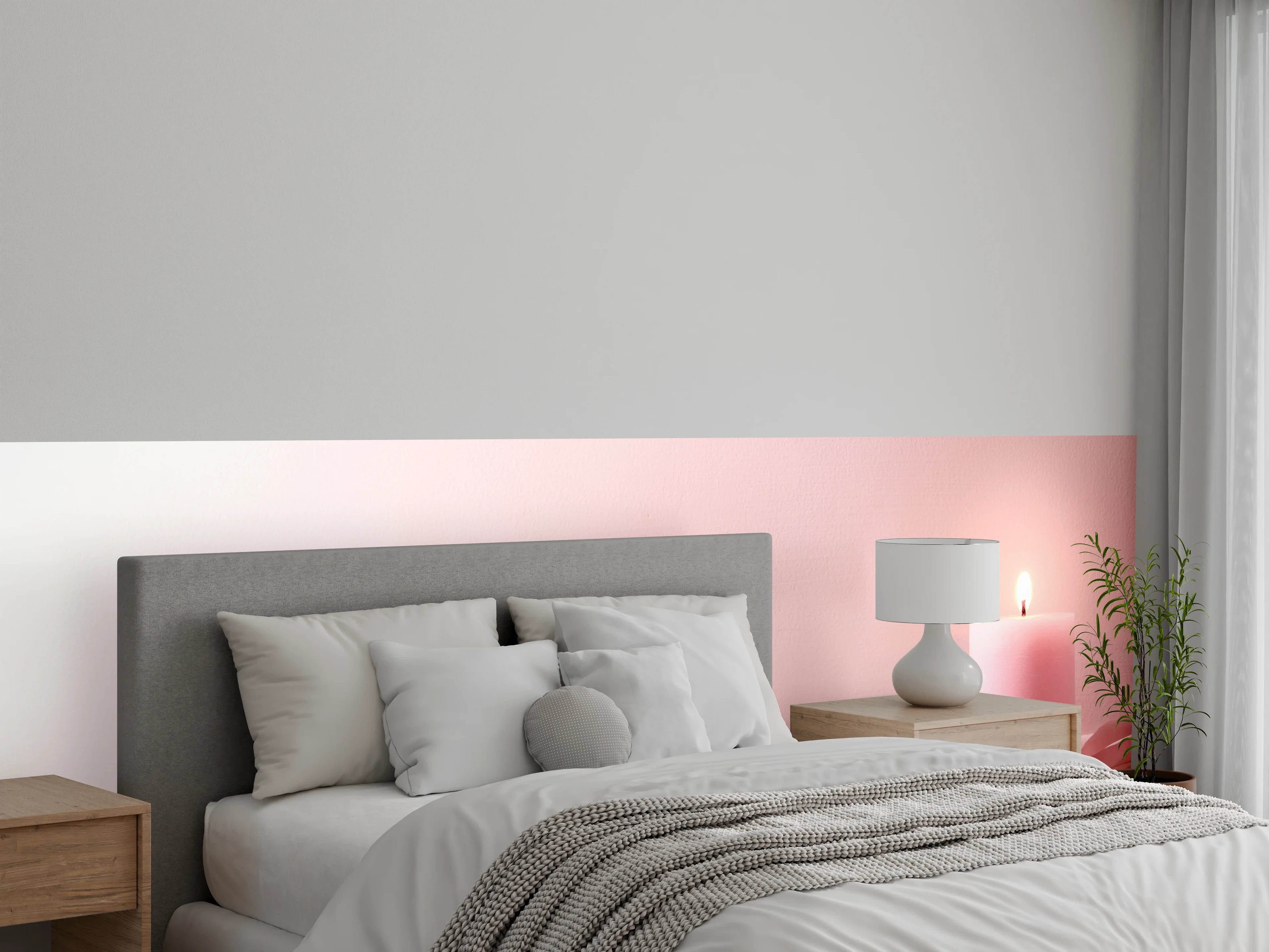 Wandverkleidung Schlafzimmer - Rosa Rosen und Kerze auf einem rosa Hintergrund