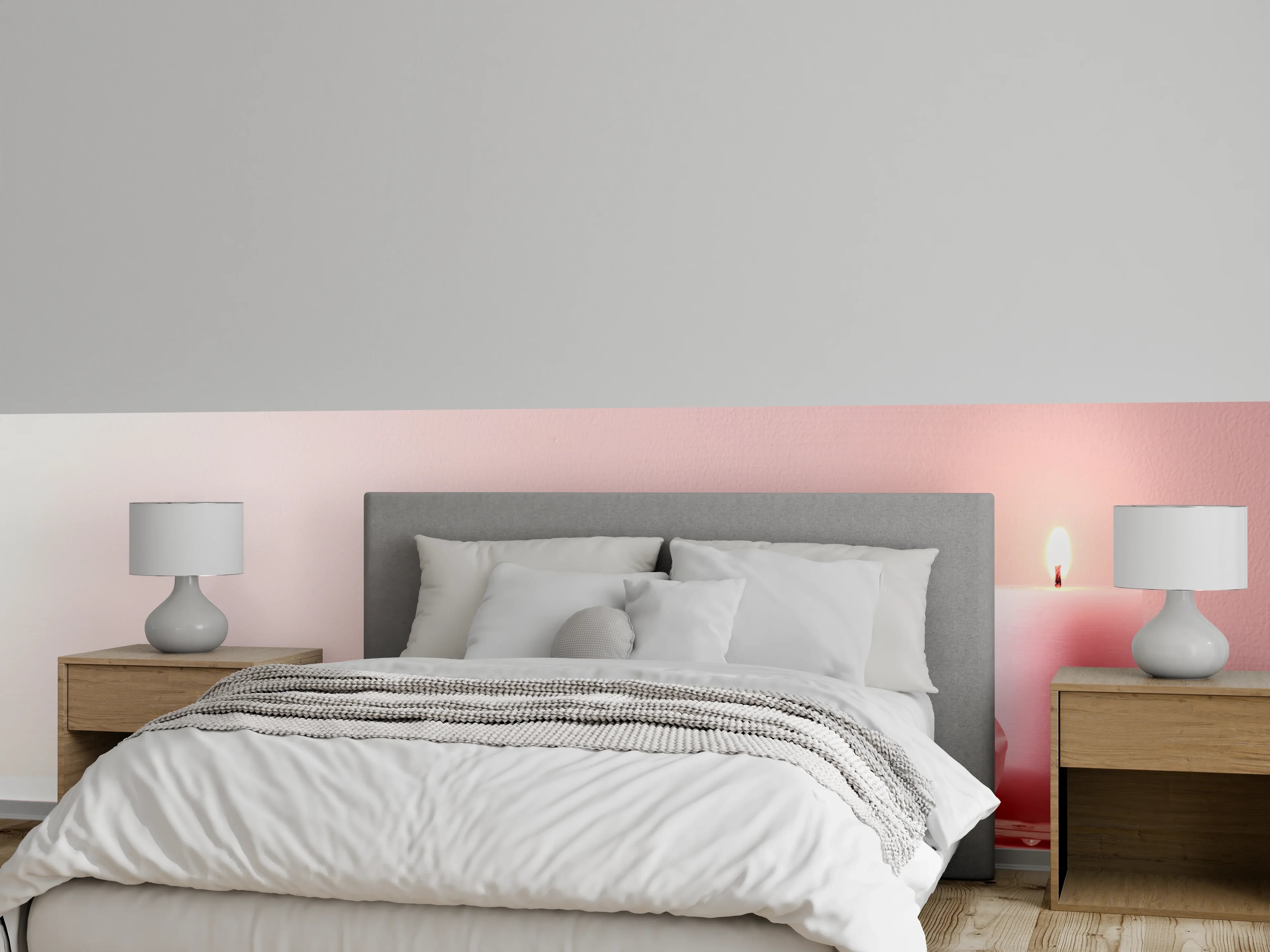 Wandverkleidung Schlafzimmer - Rosa Rosen und Kerze auf einem rosa Hintergrund