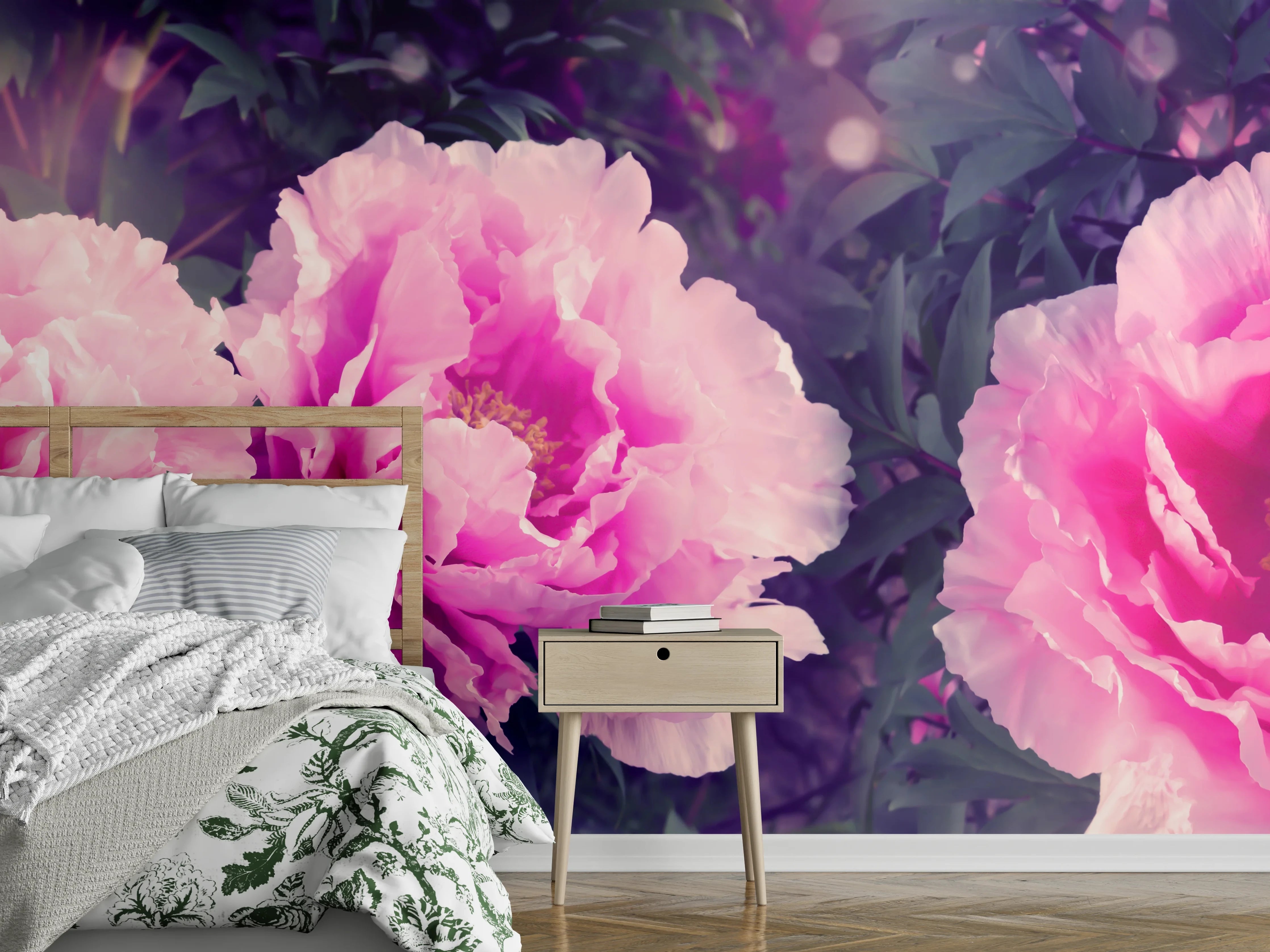 Wandverkleidung Schlafzimmer - Rosa-Weiße Pfingstrosen