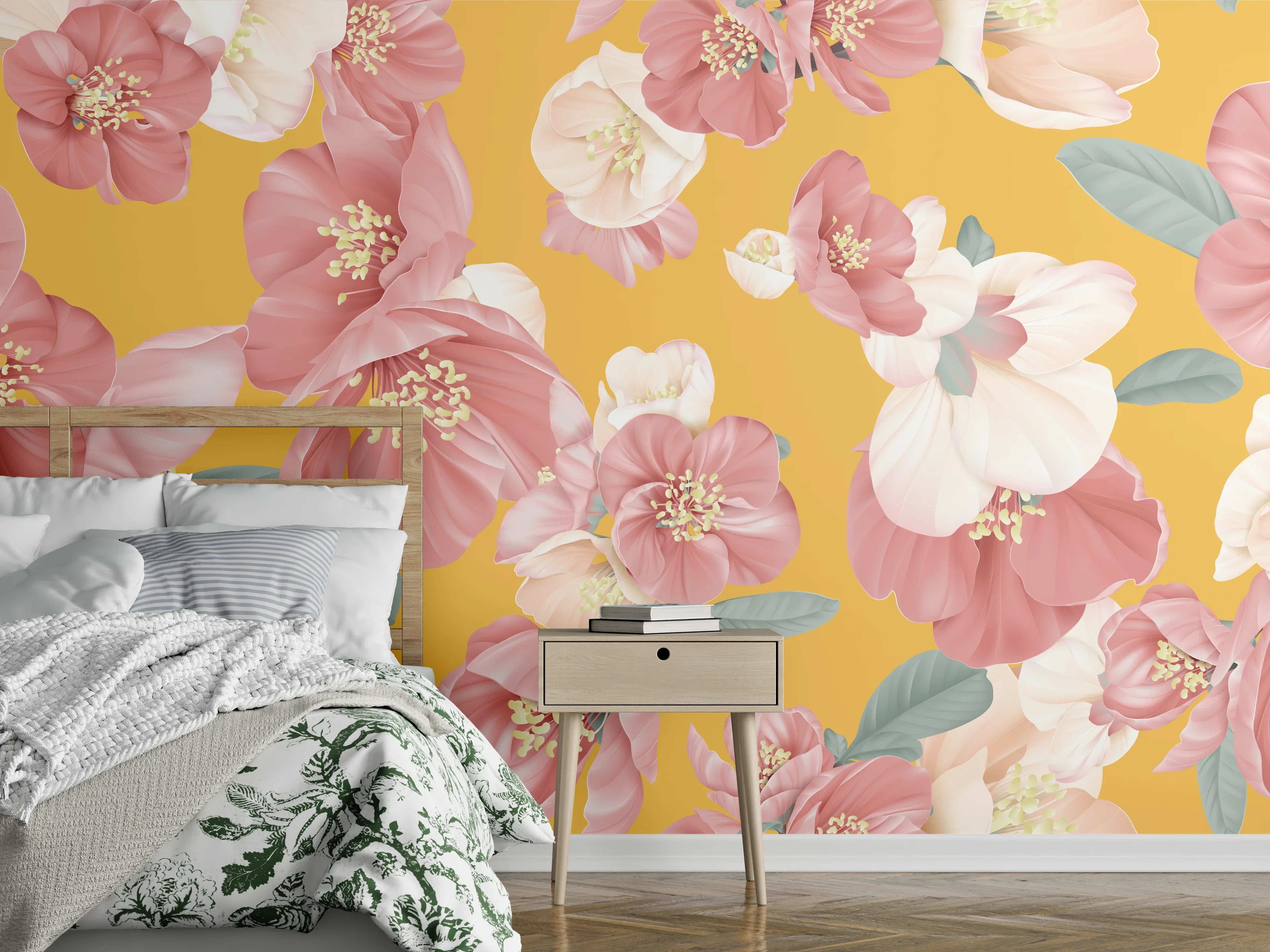 Wandverkleidung Schlafzimmer - Rosa-weiße Blüten