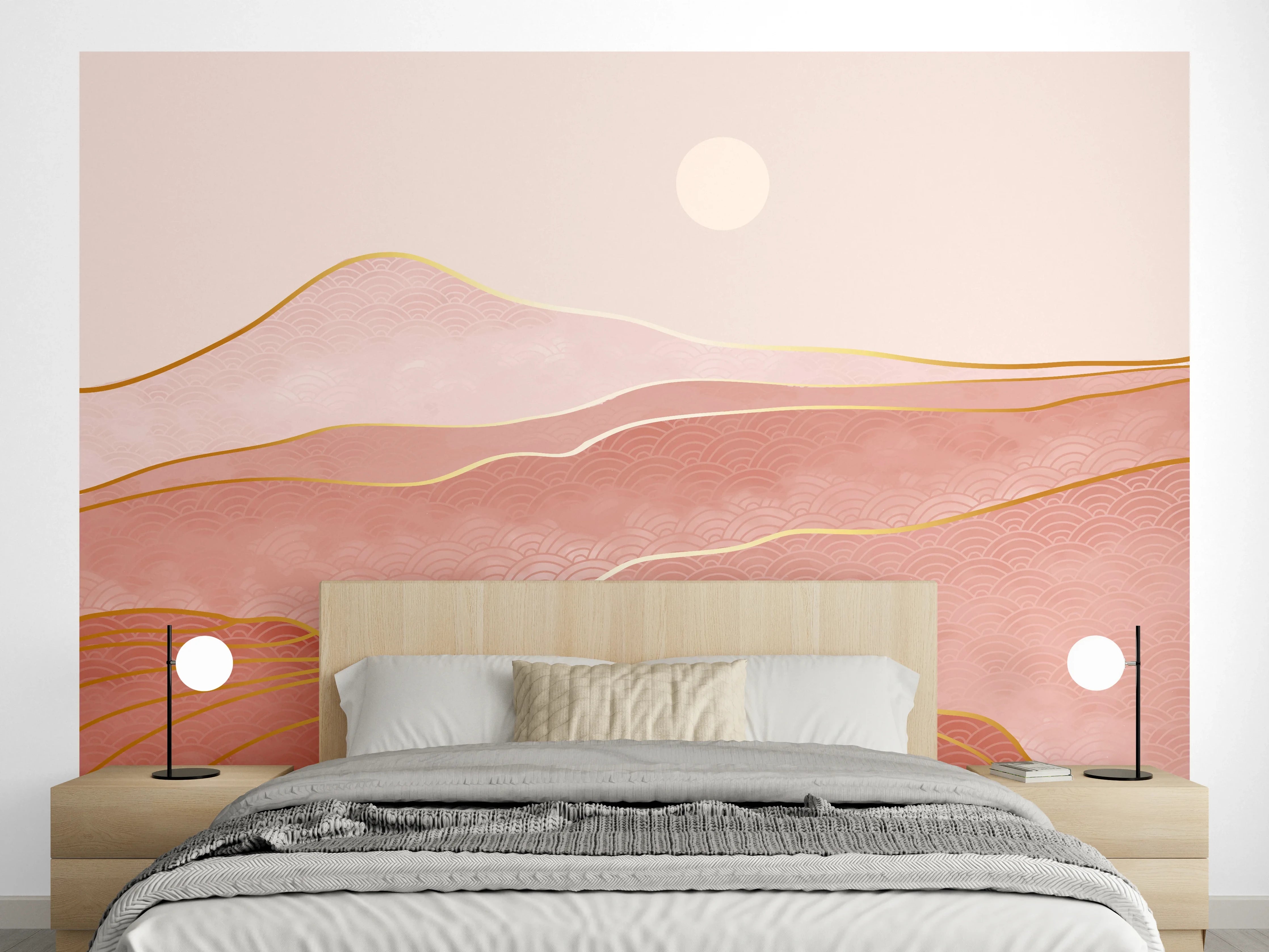 Wandverkleidung Schlafzimmer - Roségoldene abstrakte Landschaft