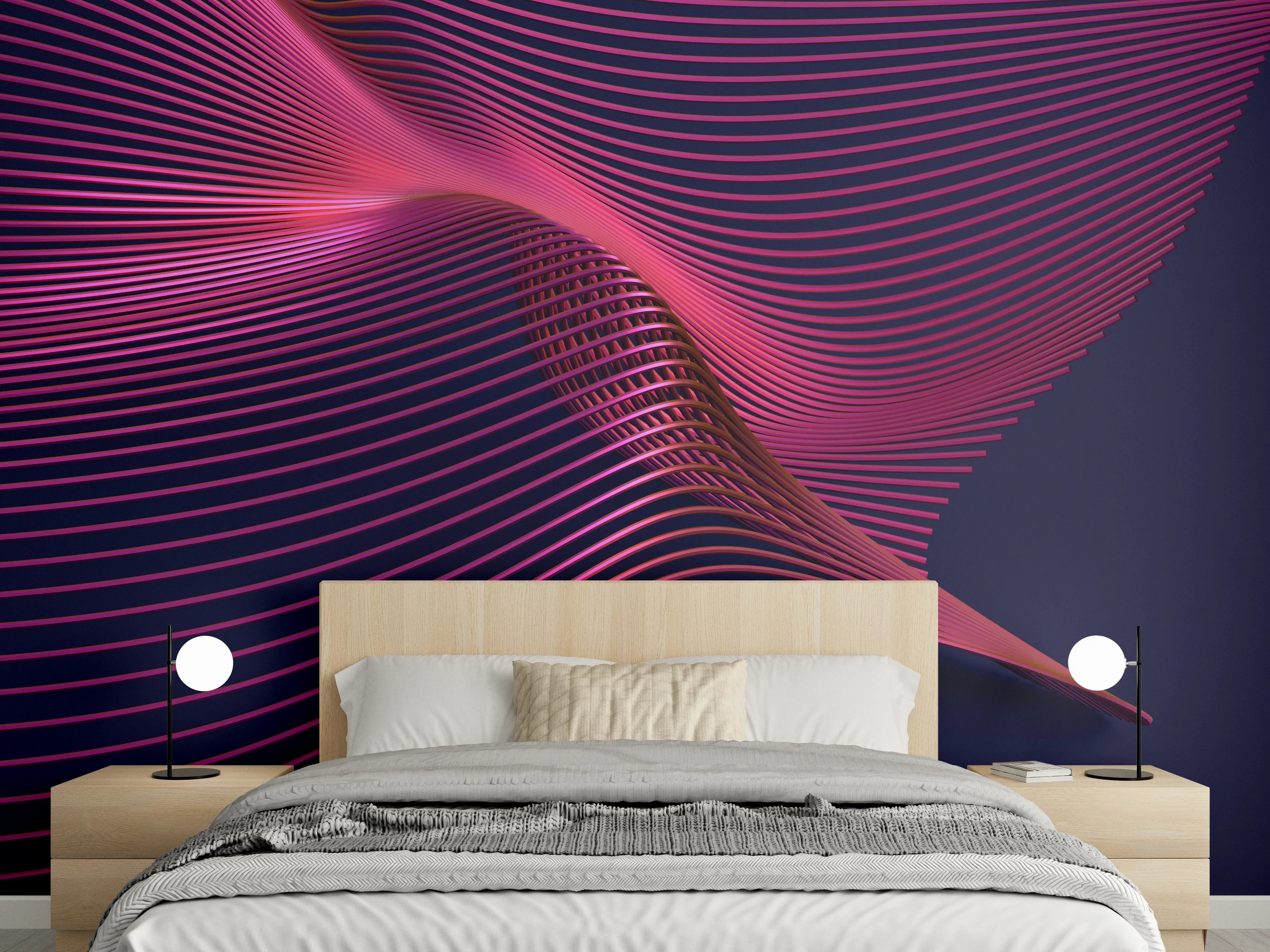 Wandverkleidung Schlafzimmer - Roségraue Linien vor Mitternachtsblau