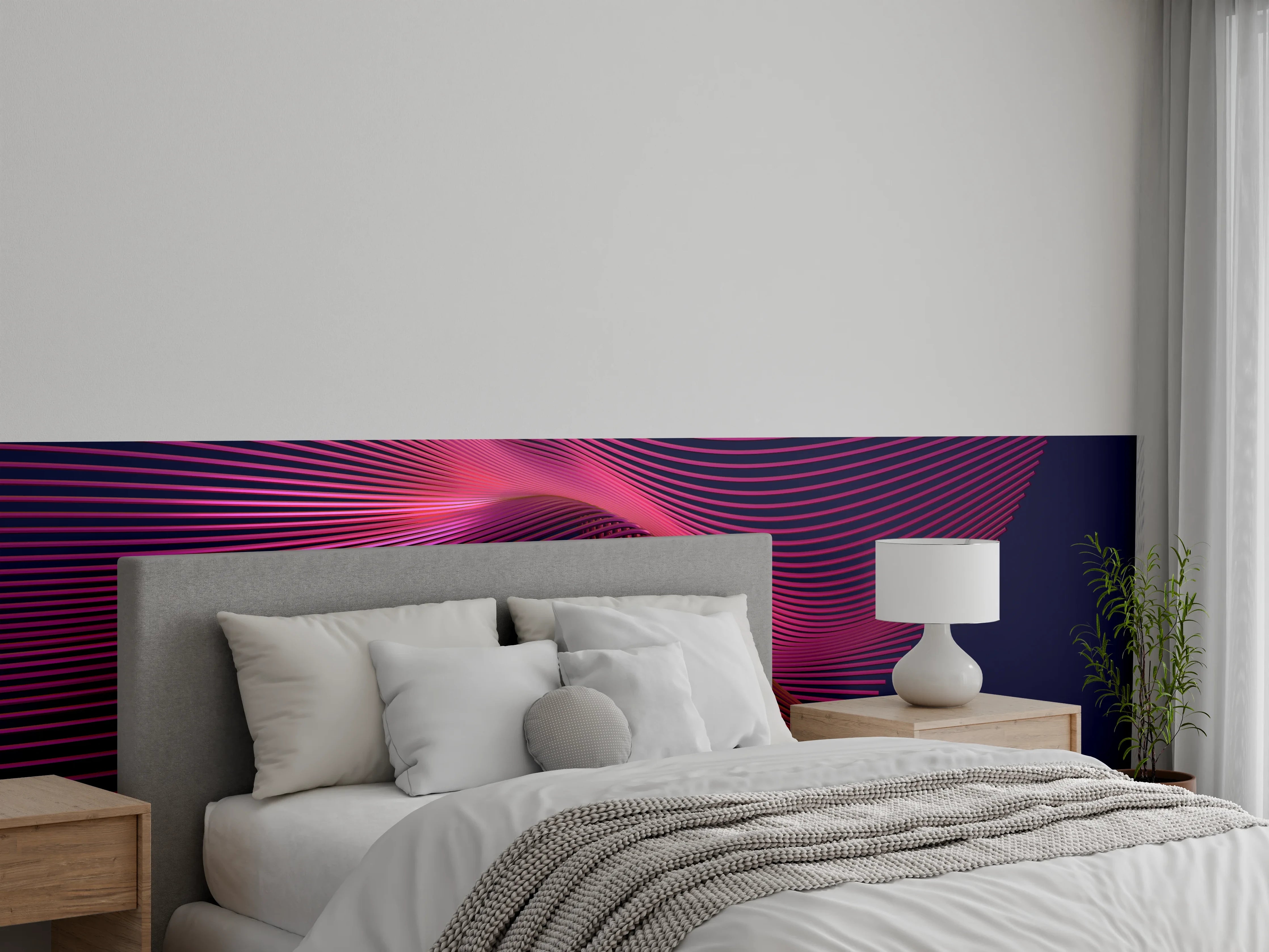 Wandverkleidung Schlafzimmer - Roségraue Linien vor Mitternachtsblau