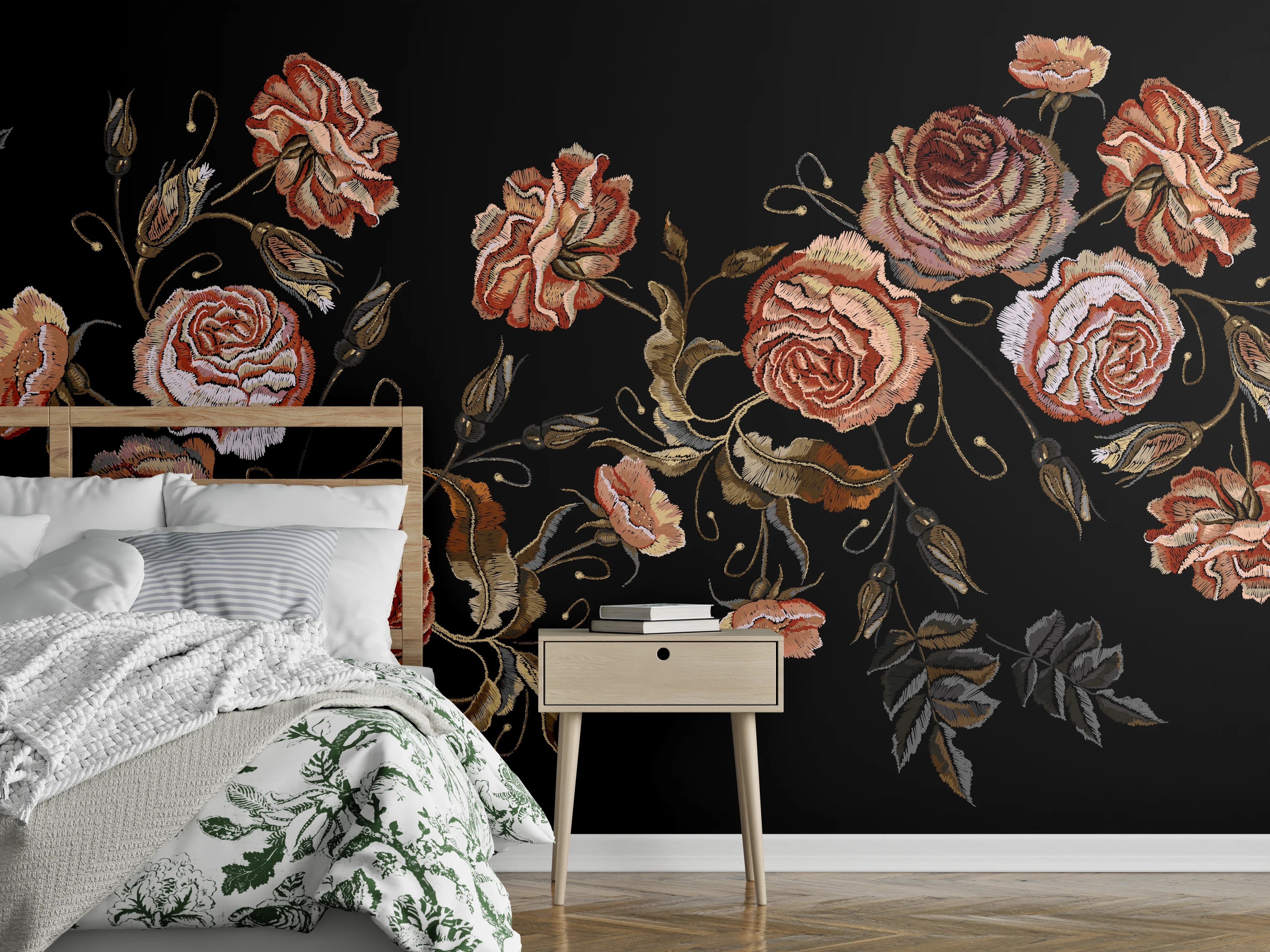 Wandverkleidung Schlafzimmer - Rosen in der Dunkelheit