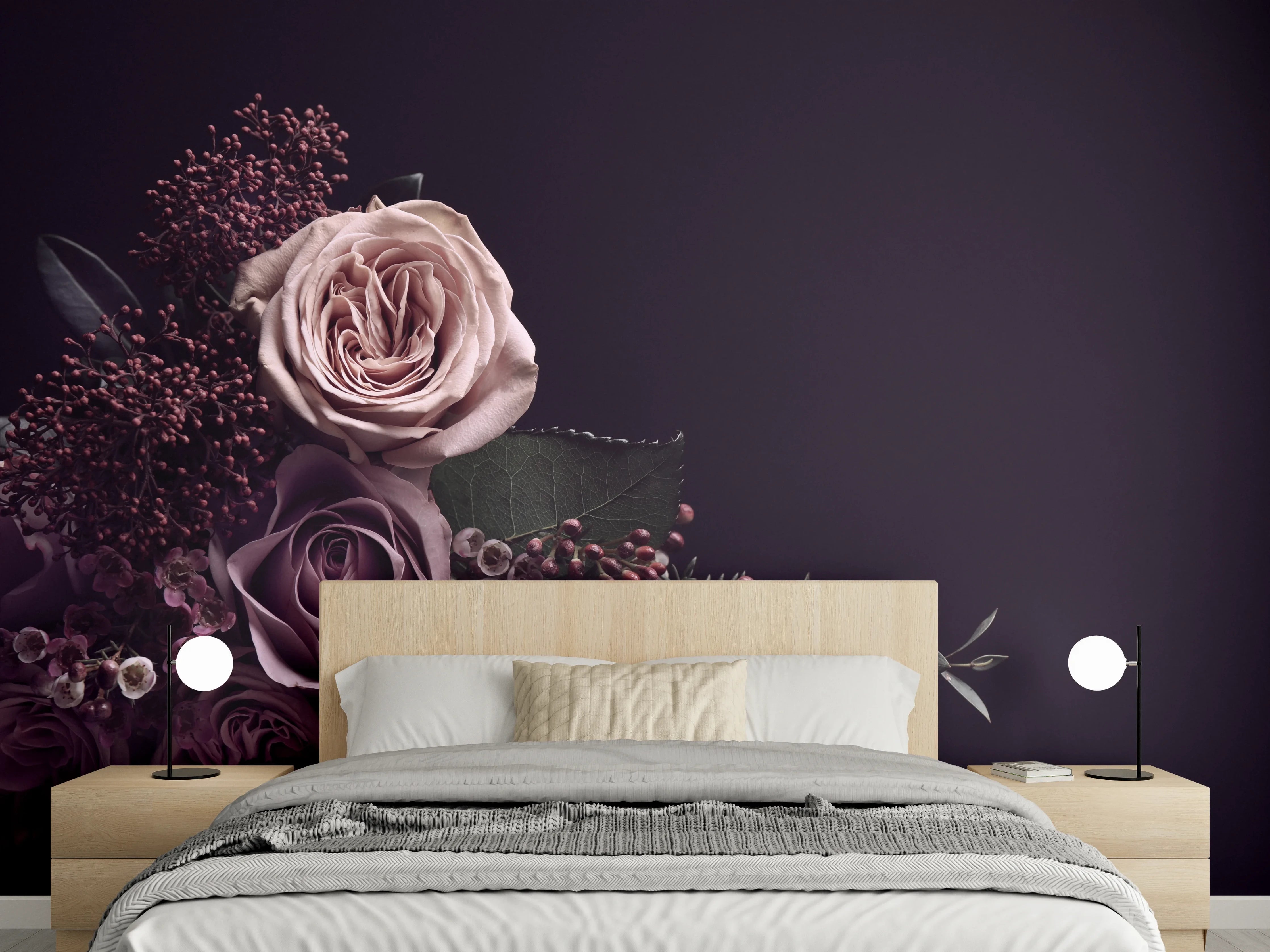 Wandverkleidung Schlafzimmer - Rosenbouquet auf dunklem Hintergrund