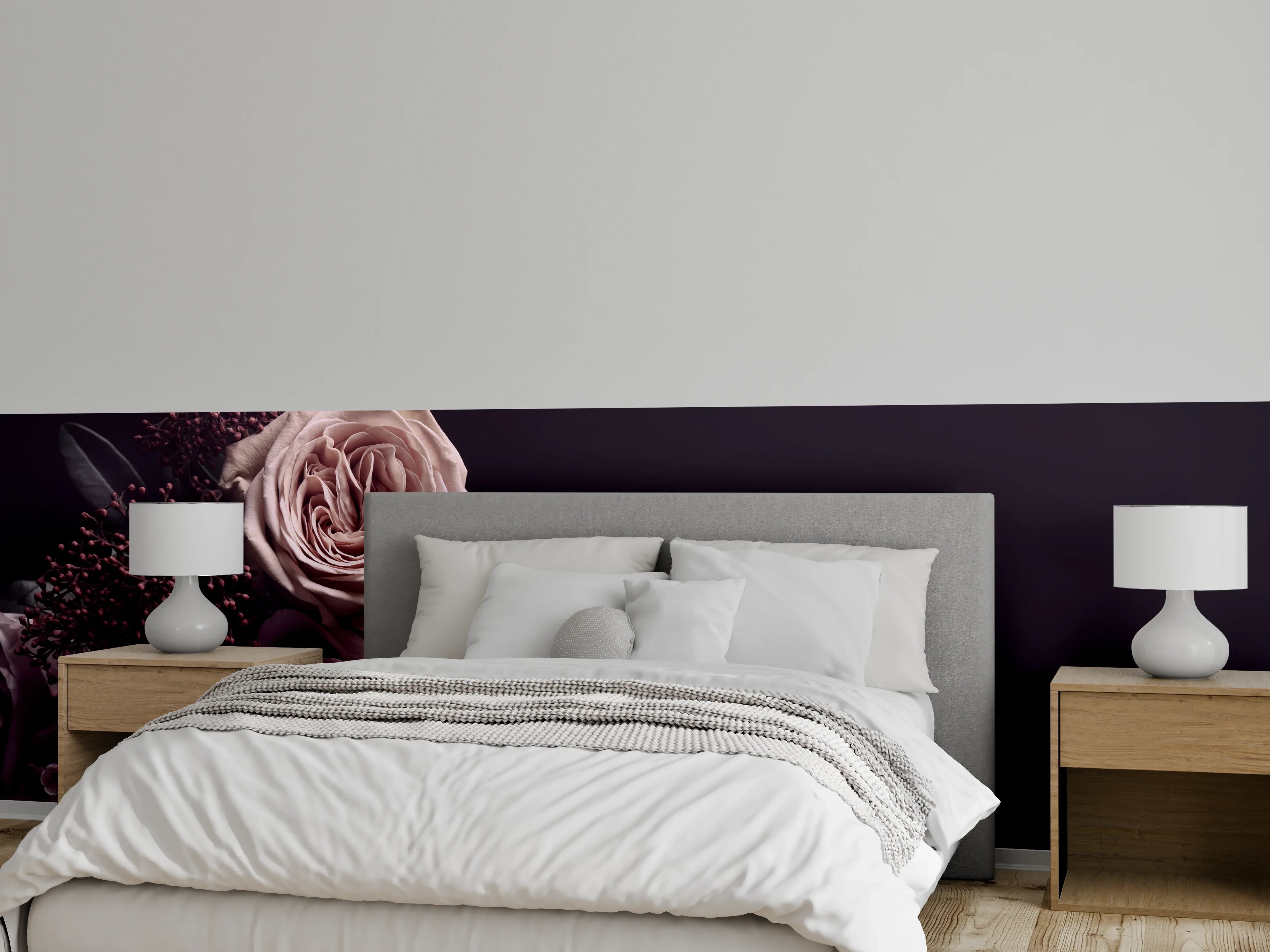 Wandverkleidung Schlafzimmer - Rosenbouquet auf dunklem Hintergrund
