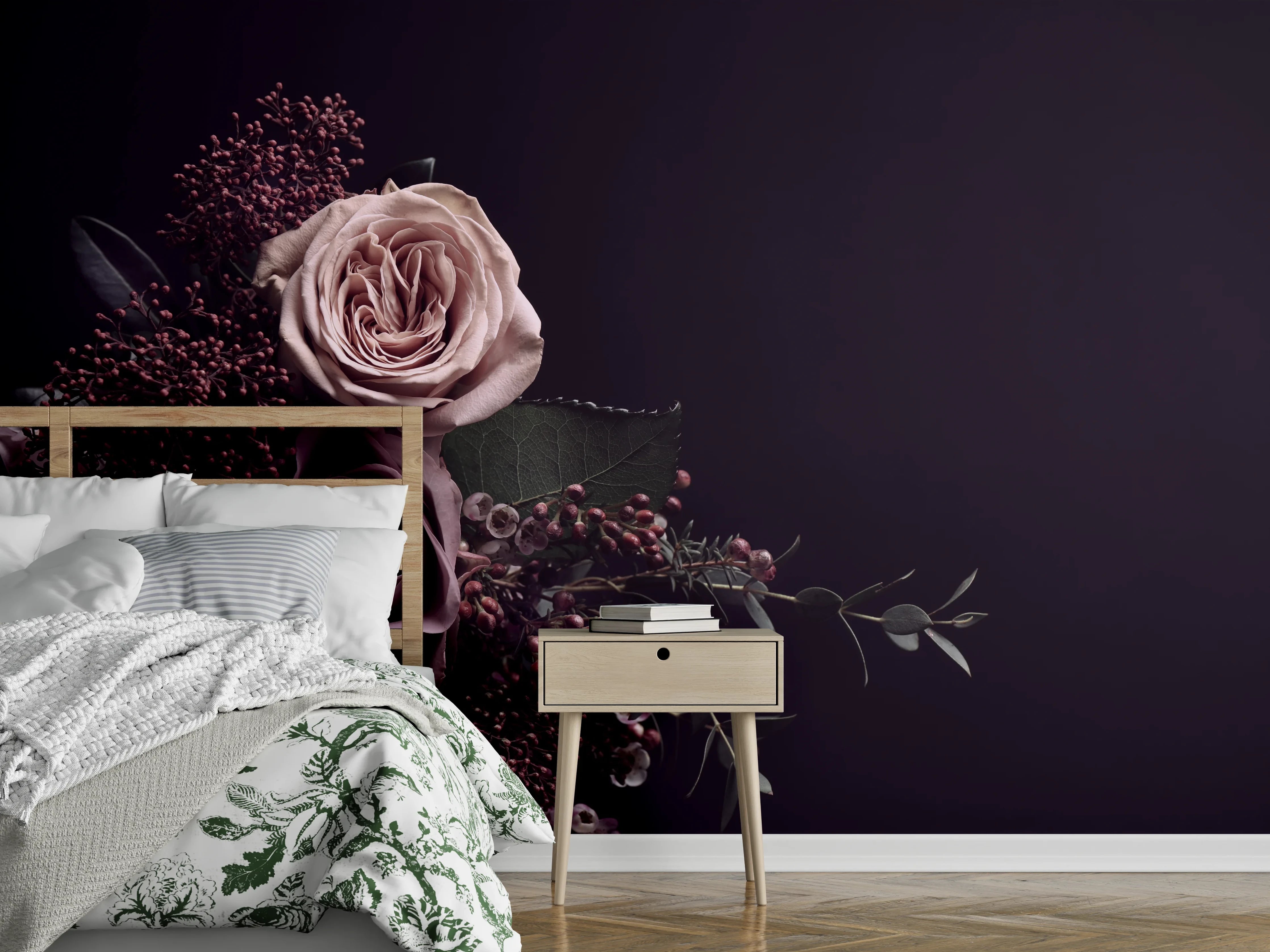 Wandverkleidung Schlafzimmer - Rosenbouquet auf dunklem Hintergrund