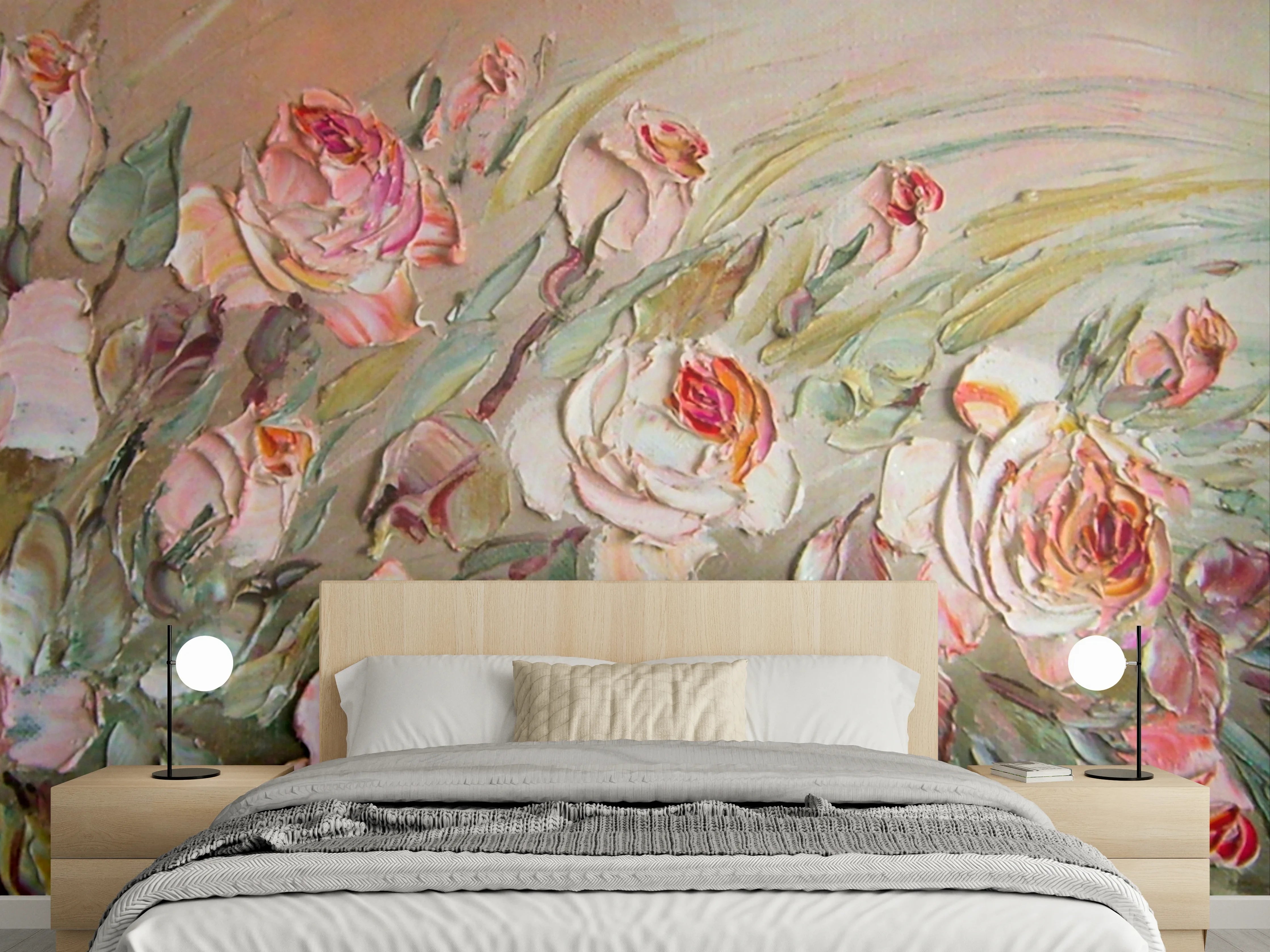 Wandverkleidung Schlafzimmer - Rosenmalerei zartrosa Aquarell Wandbild