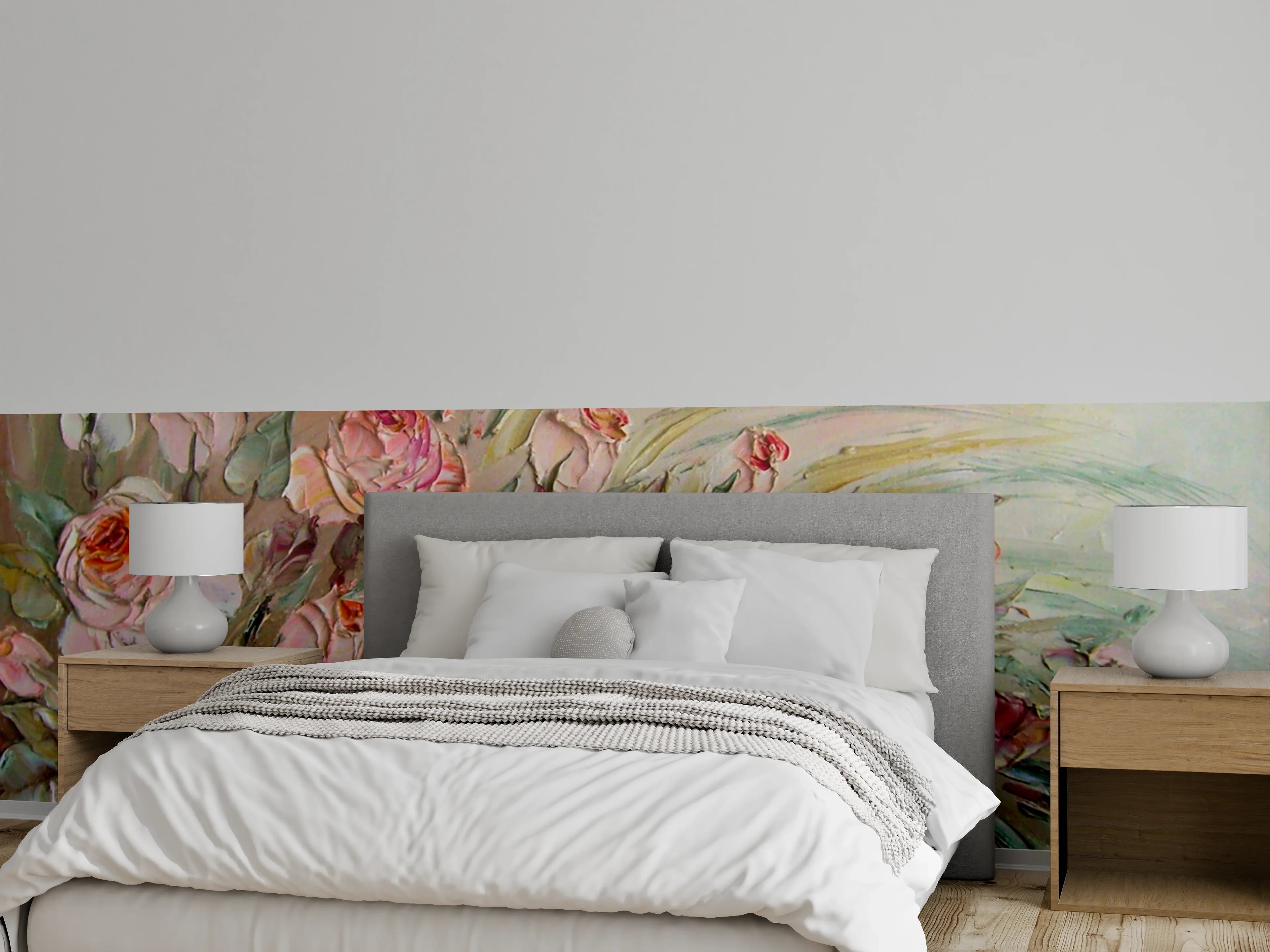Wandverkleidung Schlafzimmer - Rosenmalerei zartrosa Aquarell Wandbild
