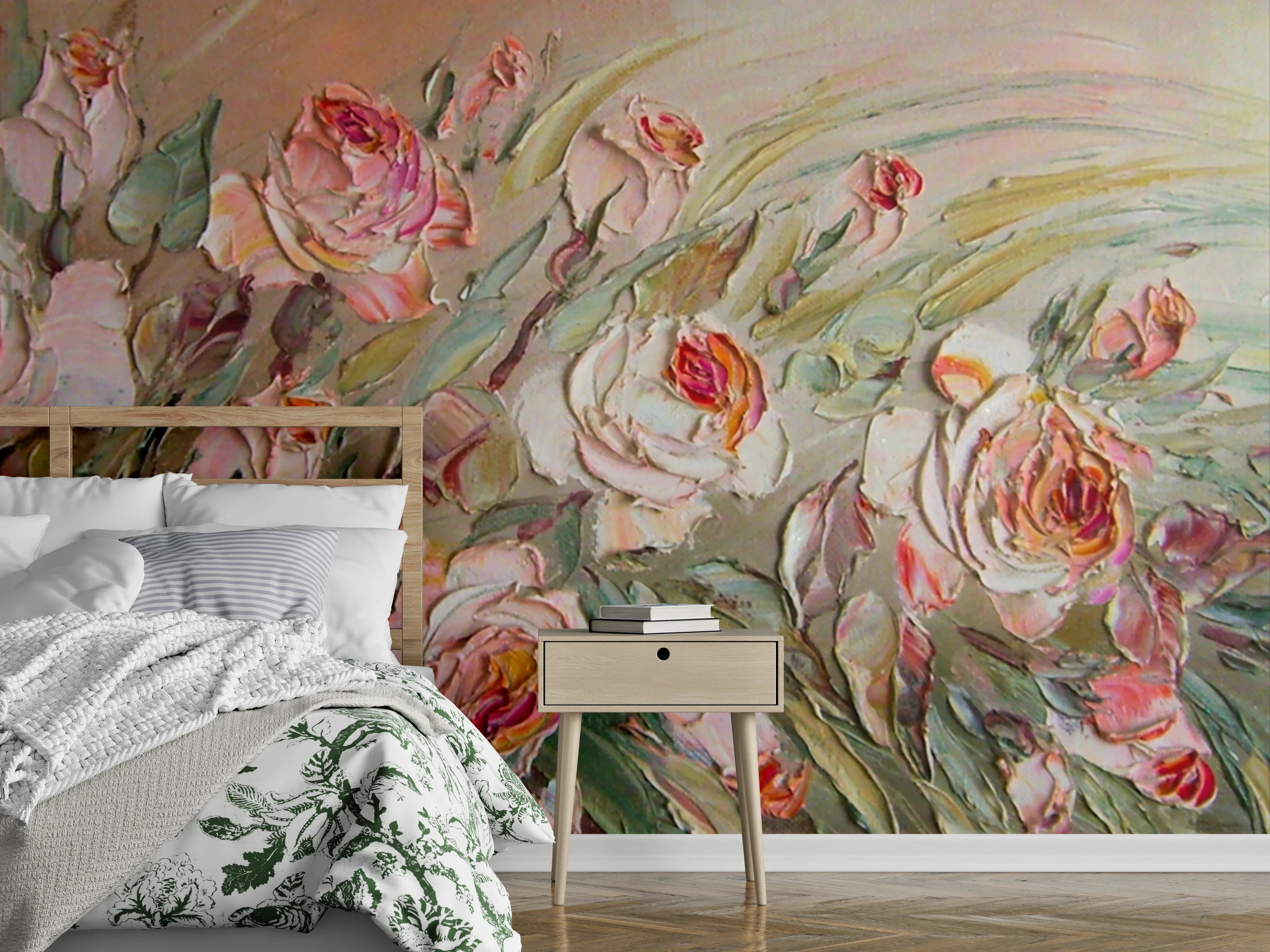 Wandverkleidung Schlafzimmer - Rosenmalerei zartrosa Aquarell Wandbild