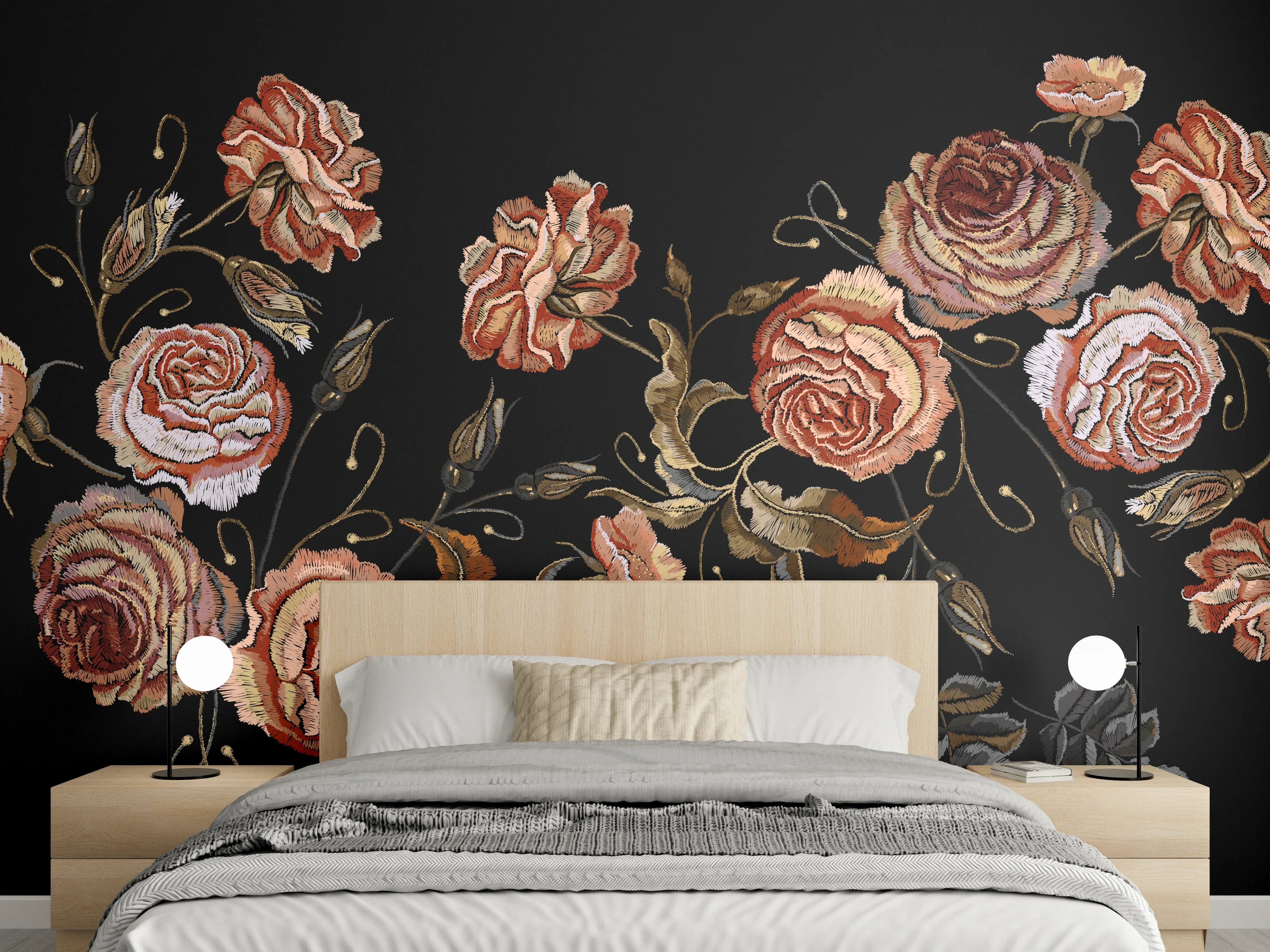 Wandverkleidung Schlafzimmer - Rosenstickerei Renaissance Schwarz