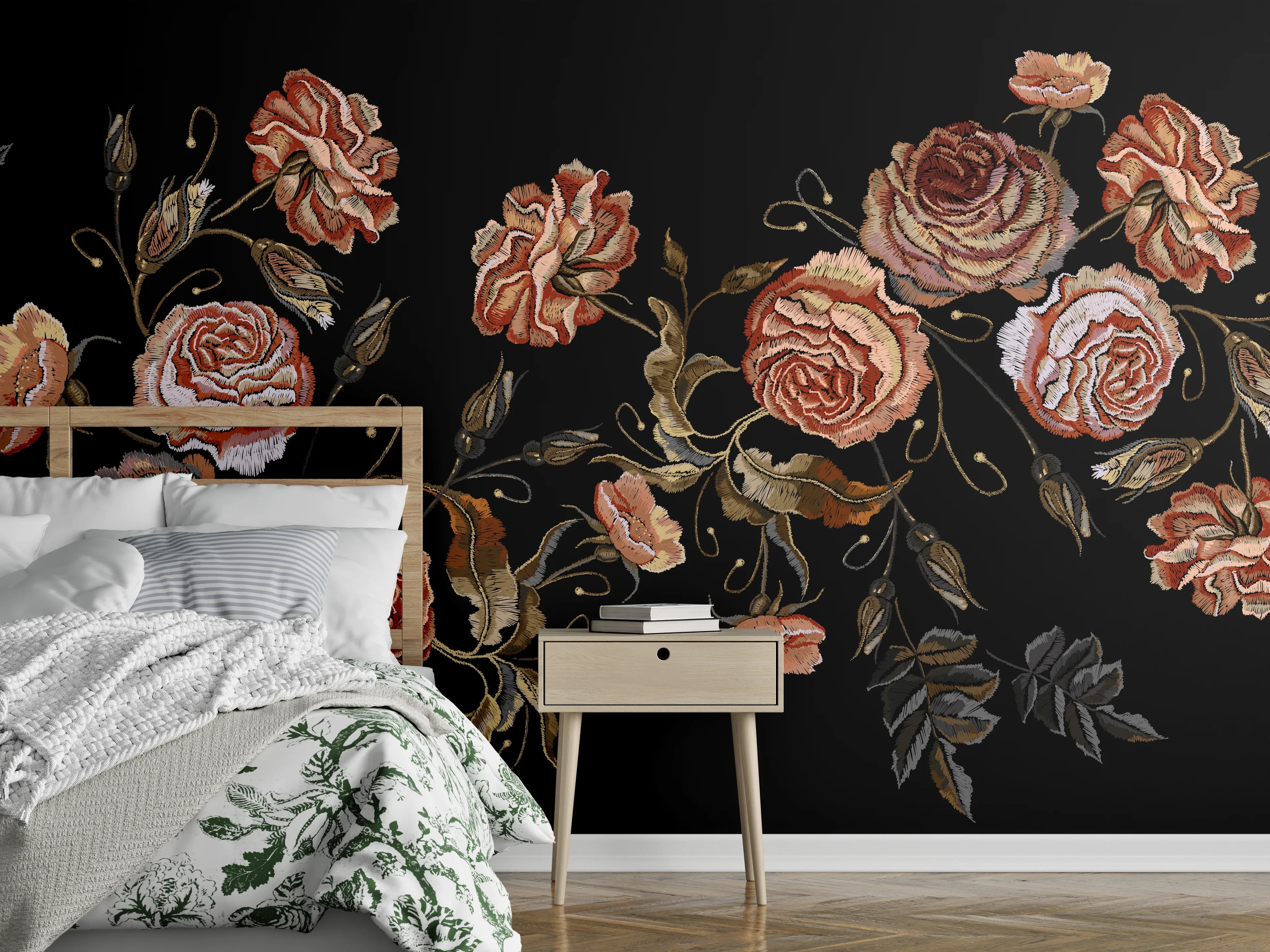 Wandverkleidung Schlafzimmer - Rosenstickerei Renaissance Schwarz