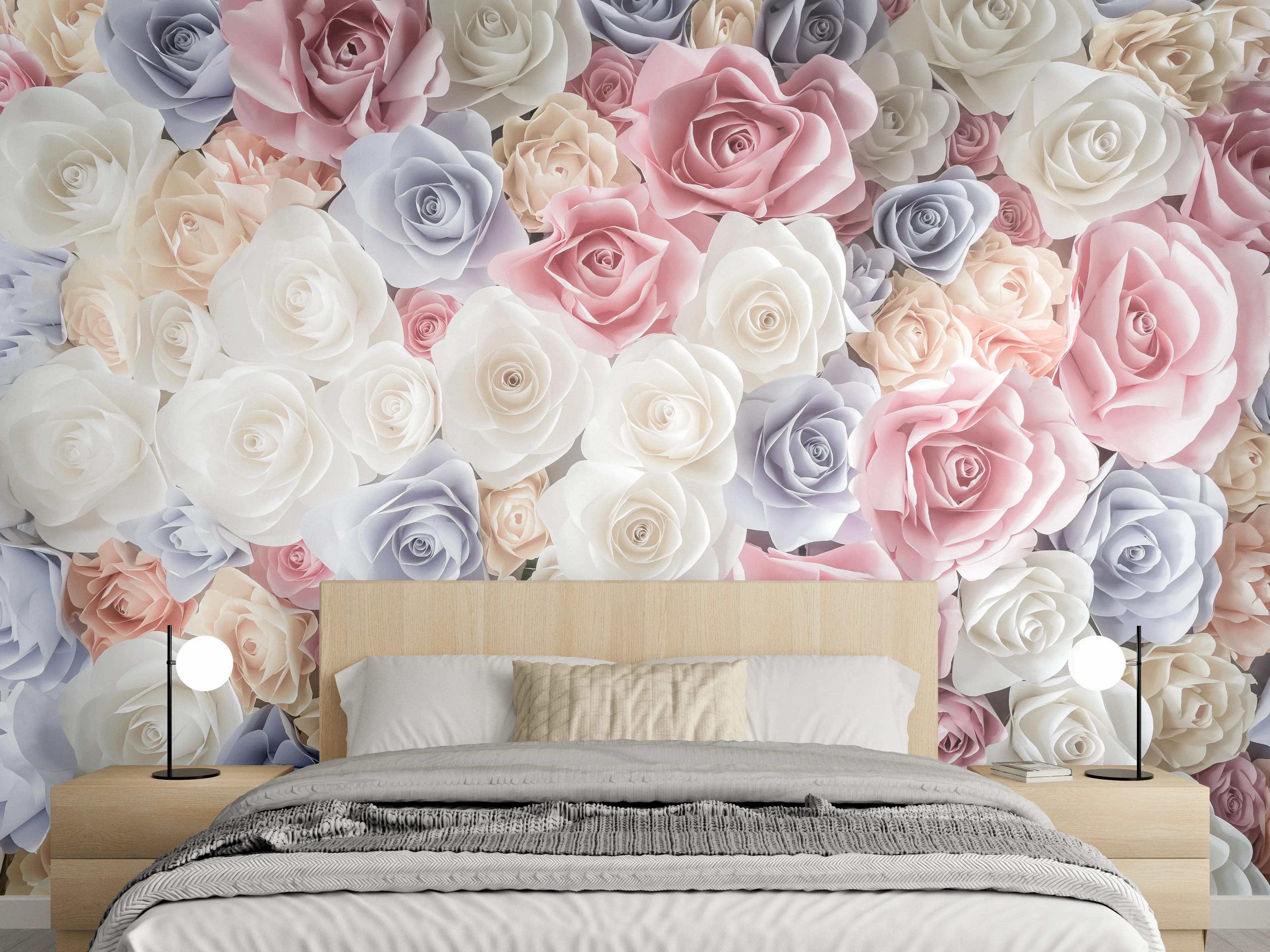 Wandverkleidung Schlafzimmer - Rosenwand in Pastell – Weiß, Rosa & Grau